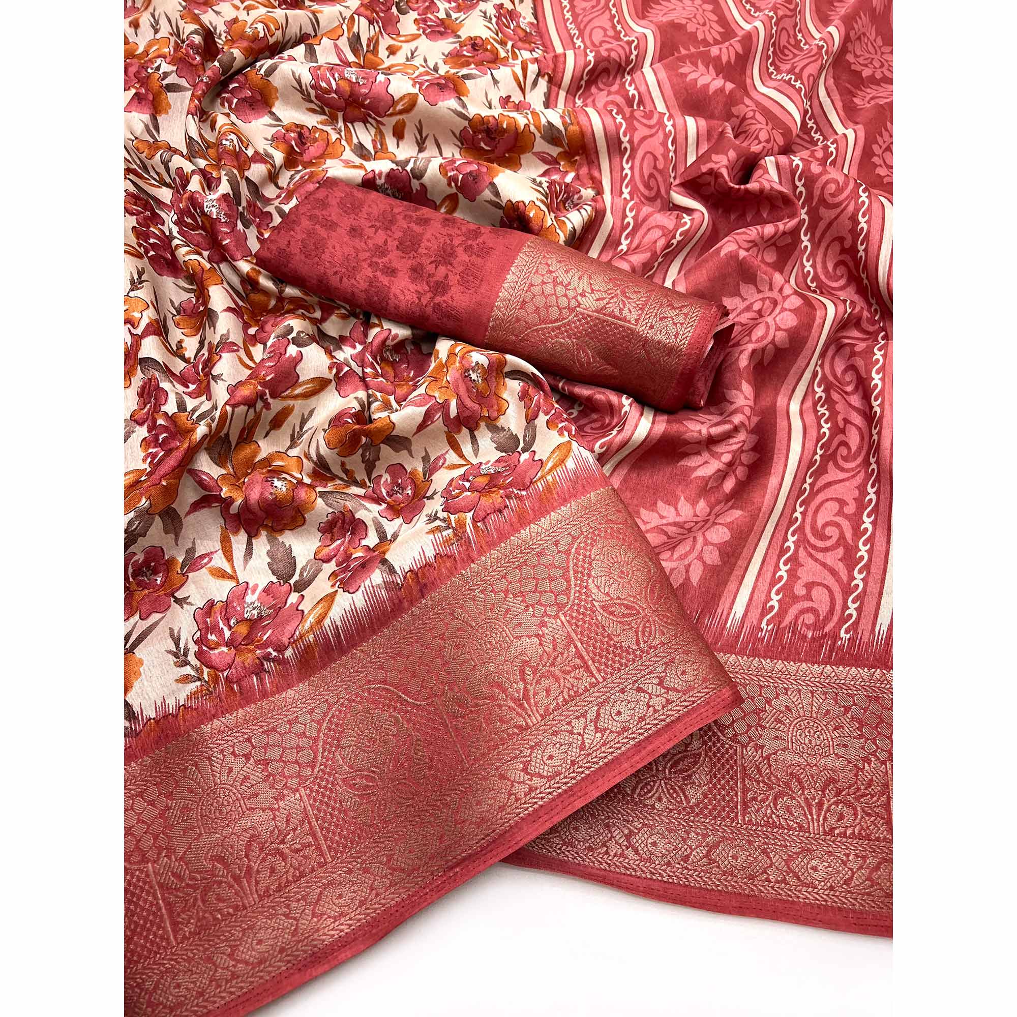 Festive Red Floral Print Saree in Soft Silk with Contrast Jacquard Edging