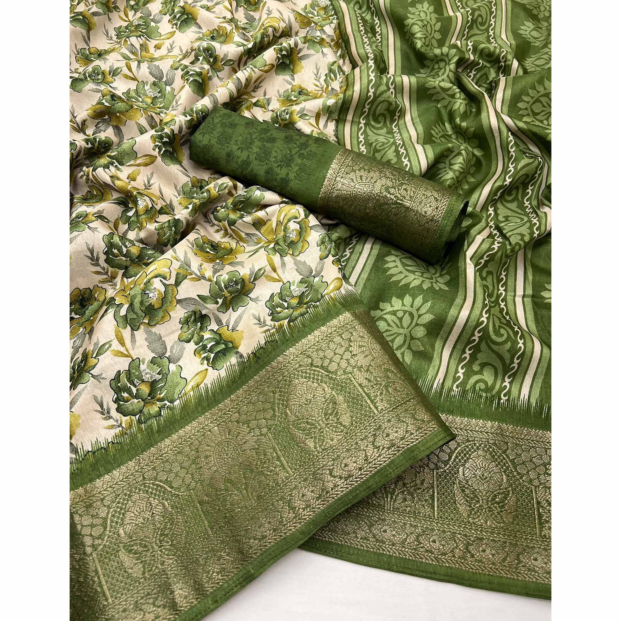 Festive Green Floral Print Saree in Soft Silk with Contrast Jacquard Edging