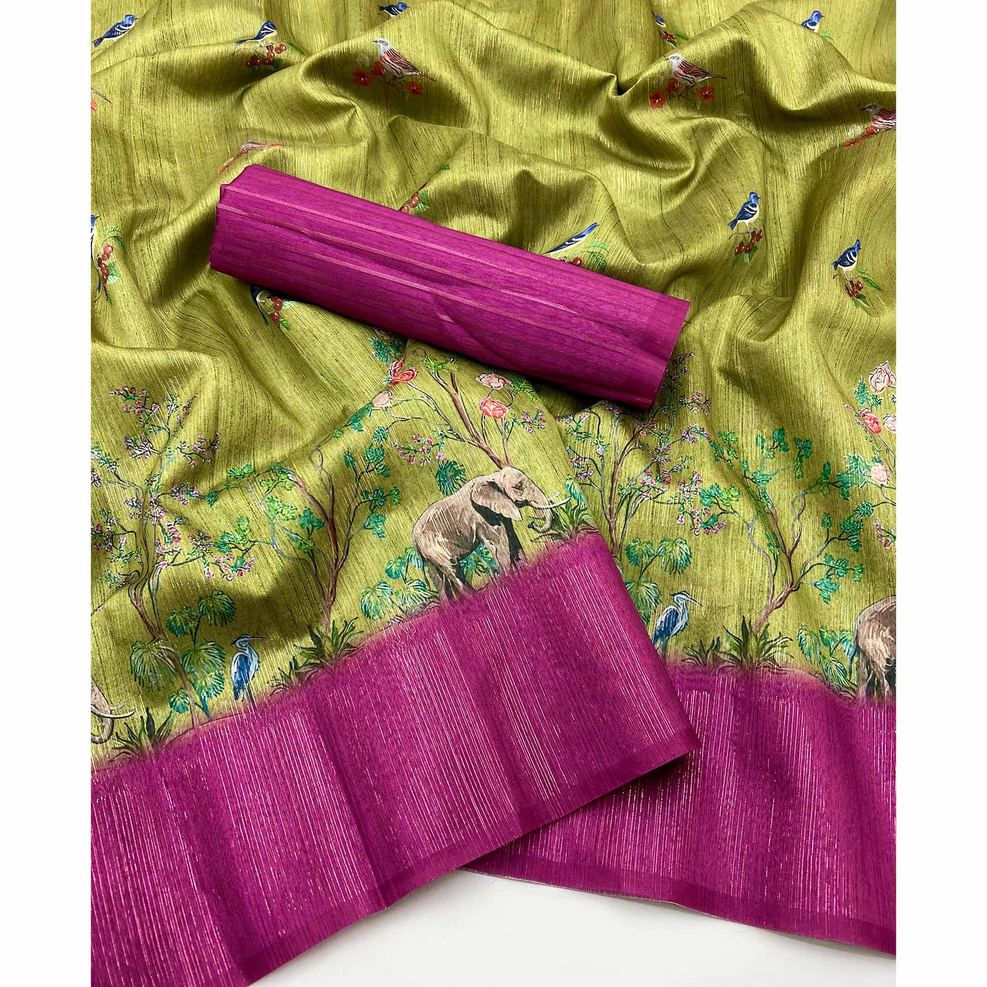 Art-Inspired Green Digital Print Saree in Soft Cotton Silk