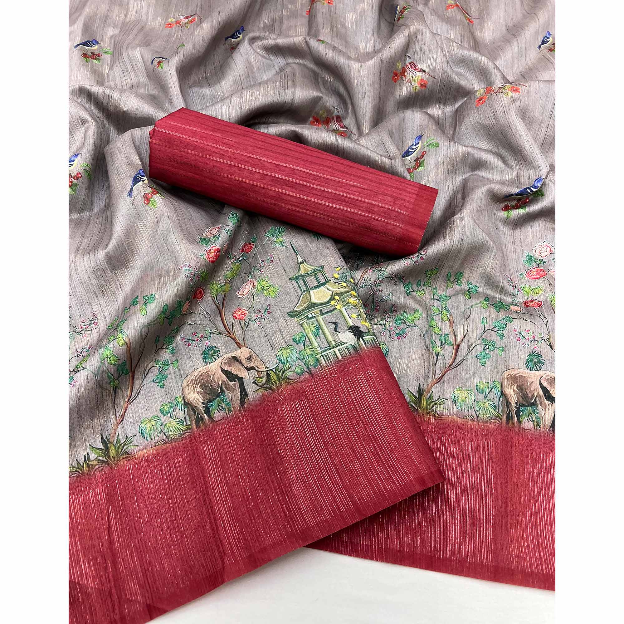Art-Inspired Grey Digital Print Saree in Soft Cotton Silk