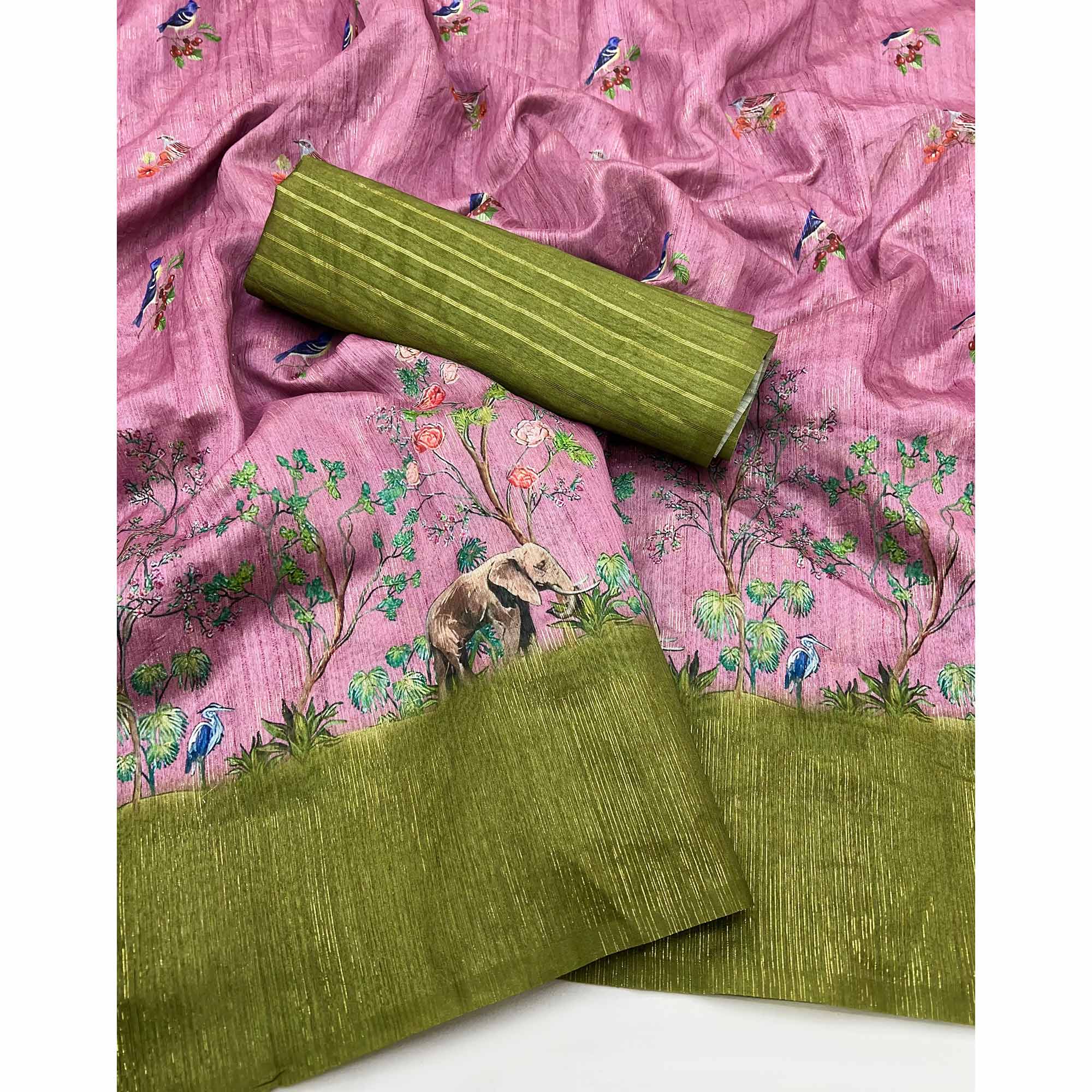 Art-Inspired Pink Digital Print Saree in Soft Cotton Silk