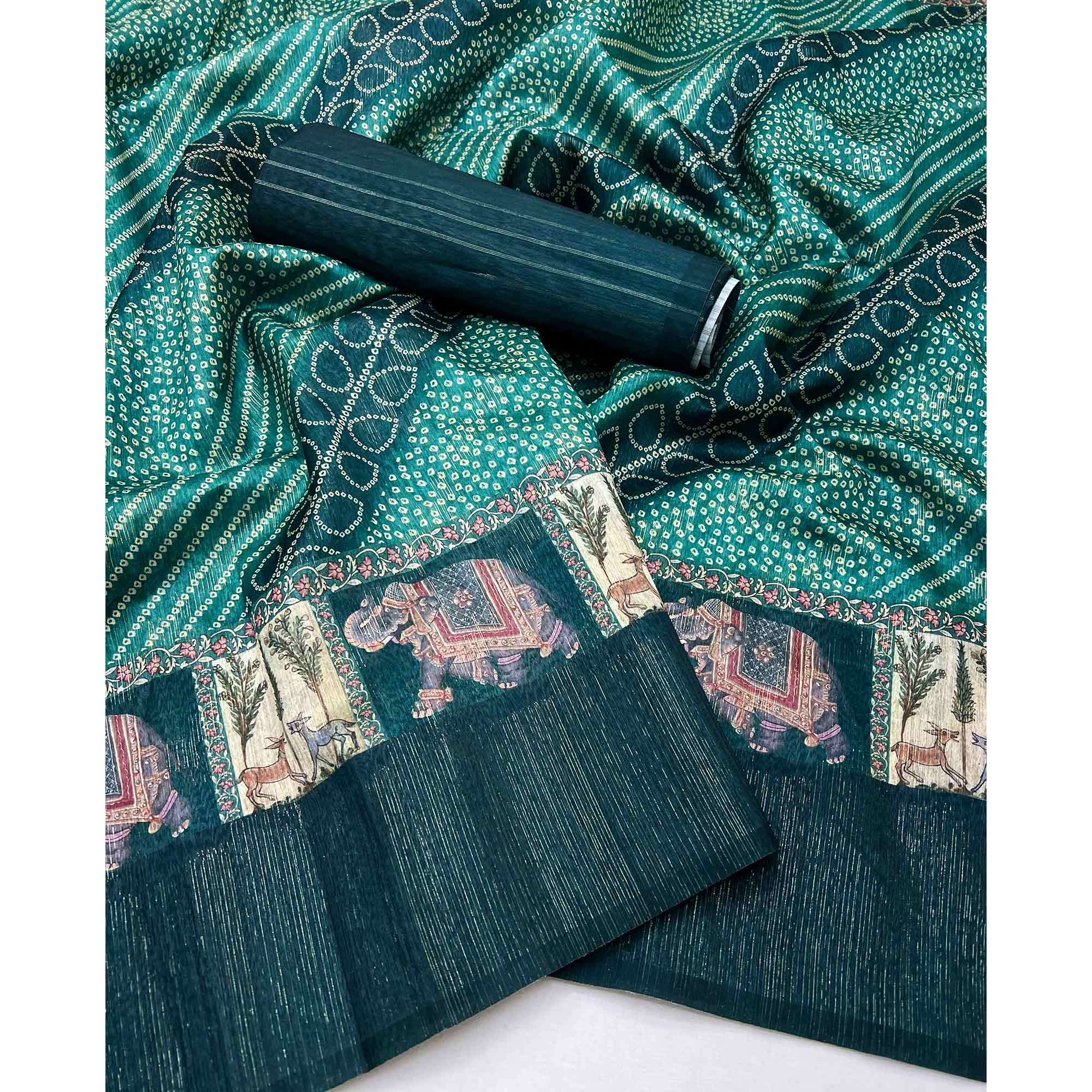 Teal Cotton Silk Saree with Digital Bandhani Print Design & Rich Woven Border