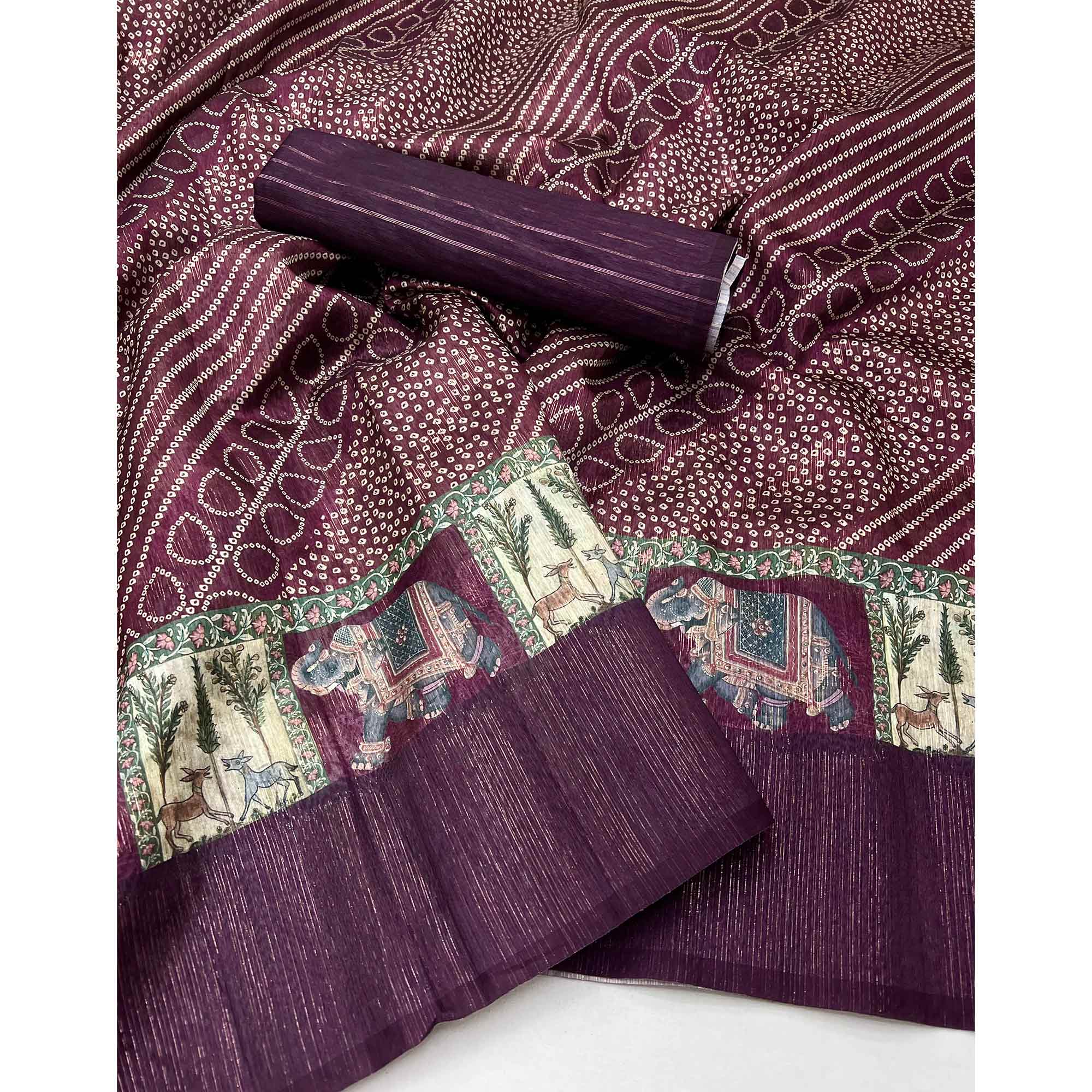 Wine Cotton Silk Saree with Digital Bandhani Print Design & Rich Woven Border