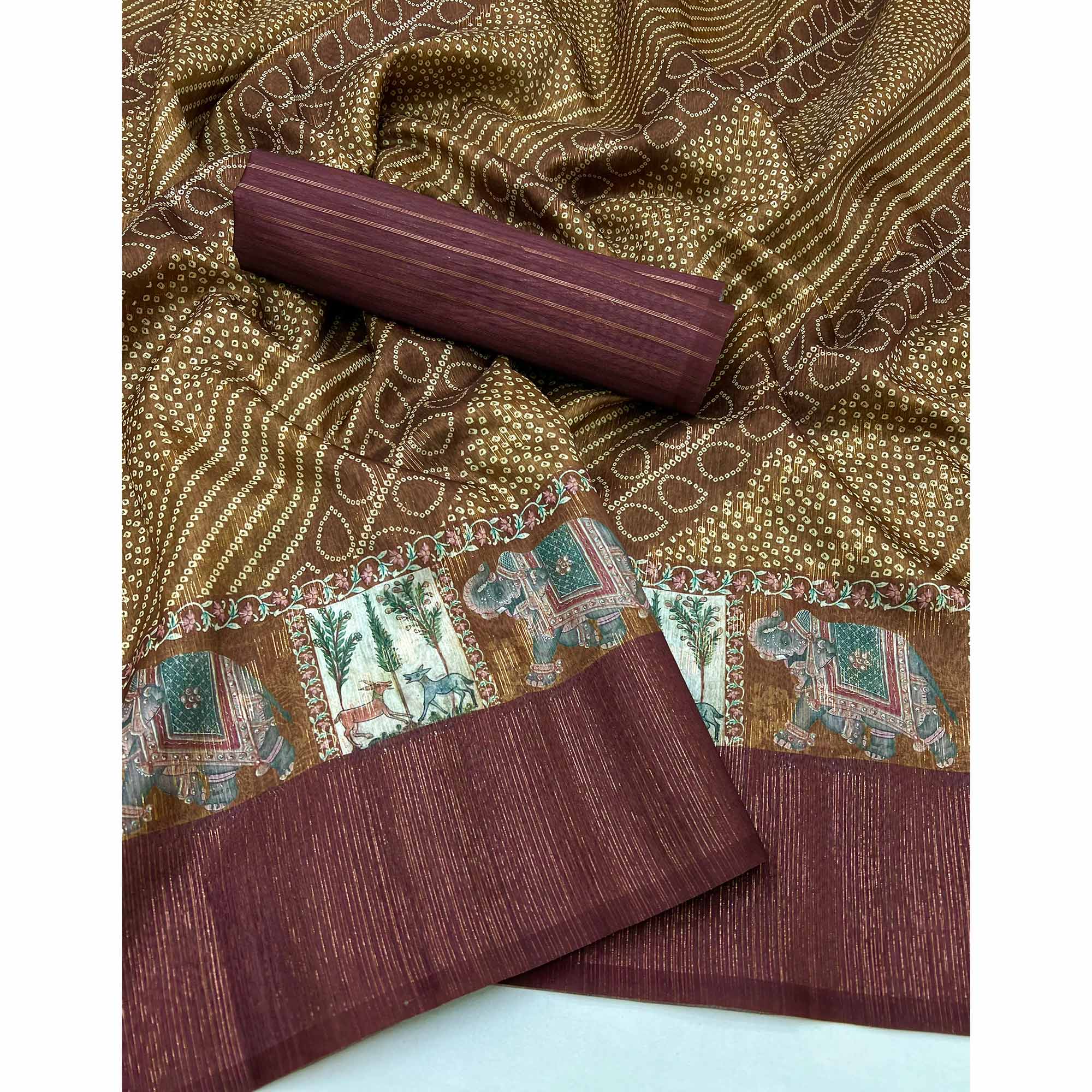 Beige & Brown Cotton Silk Saree with Digital Bandhani Print Design & Rich Woven Border