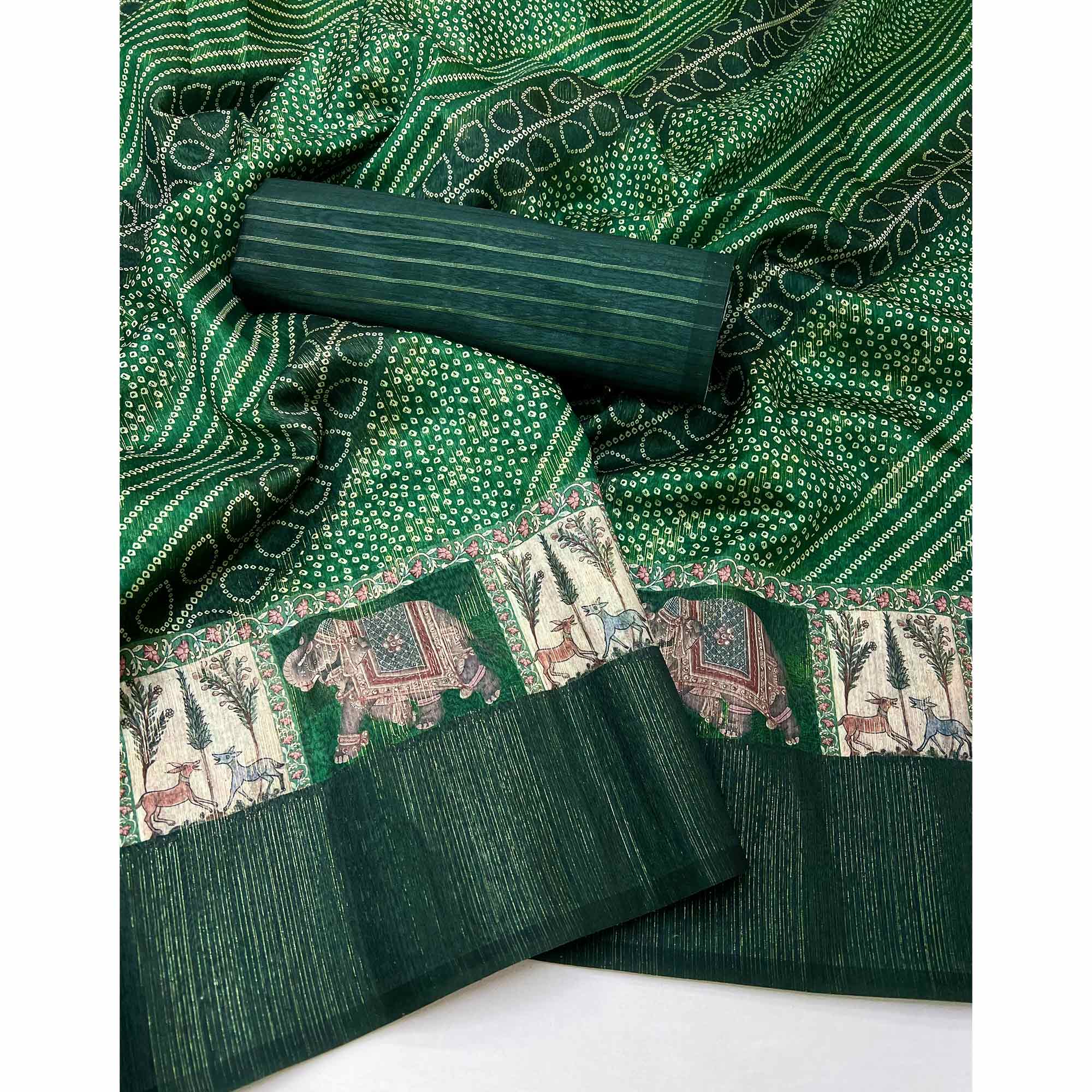 Green Cotton Silk Saree with Digital Bandhani Print Design & Rich Woven Border