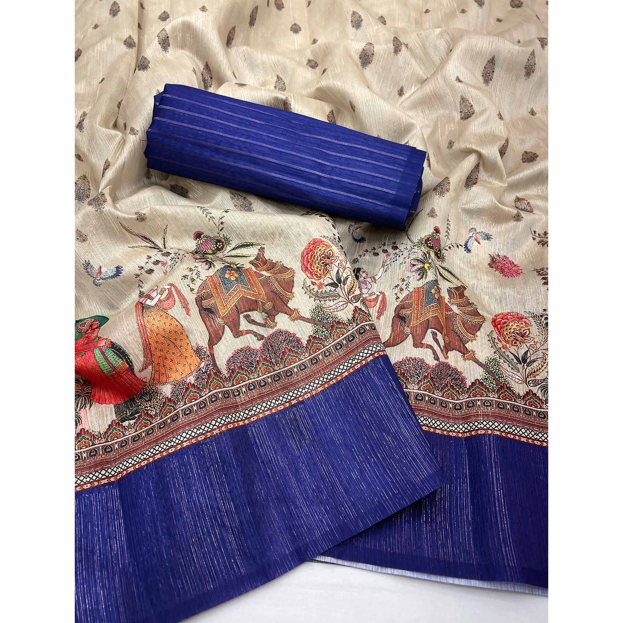Off-White Digital Print Cotton Silk Saree with Blue Woven Border
