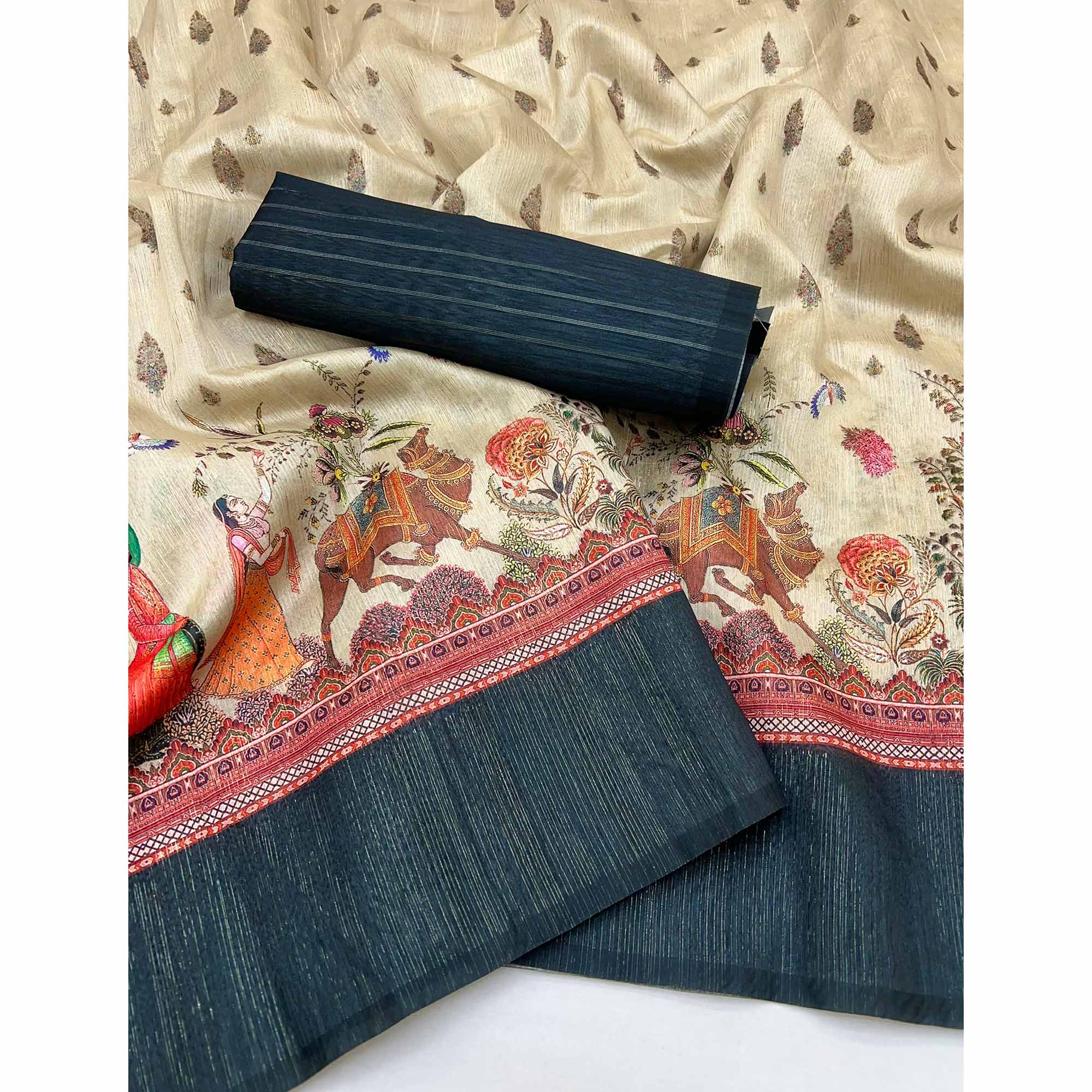 Off-White Digital Print Cotton Silk Saree with Black Woven Border