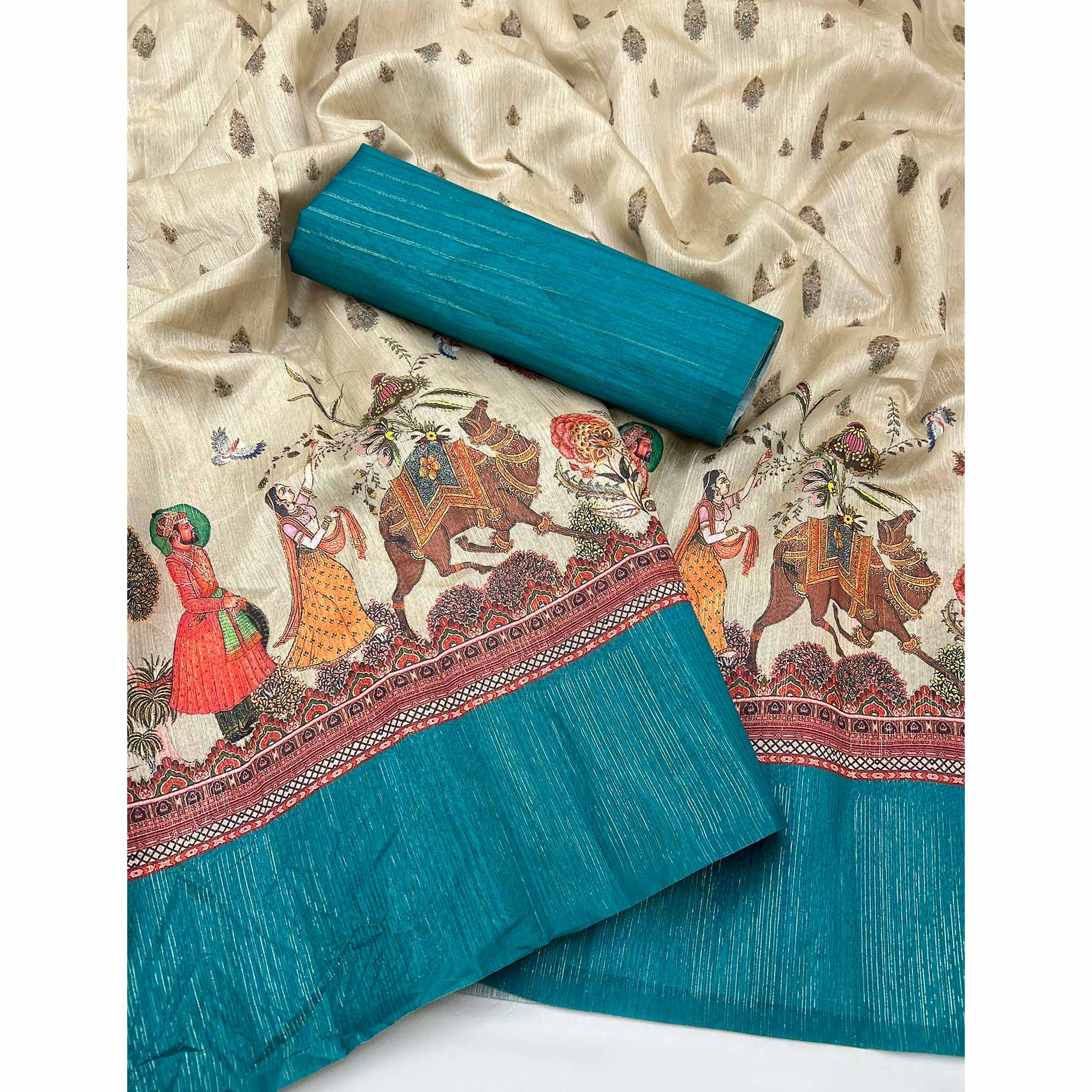 Off-White Digital Print Cotton Silk Saree with Turquoise Woven Border