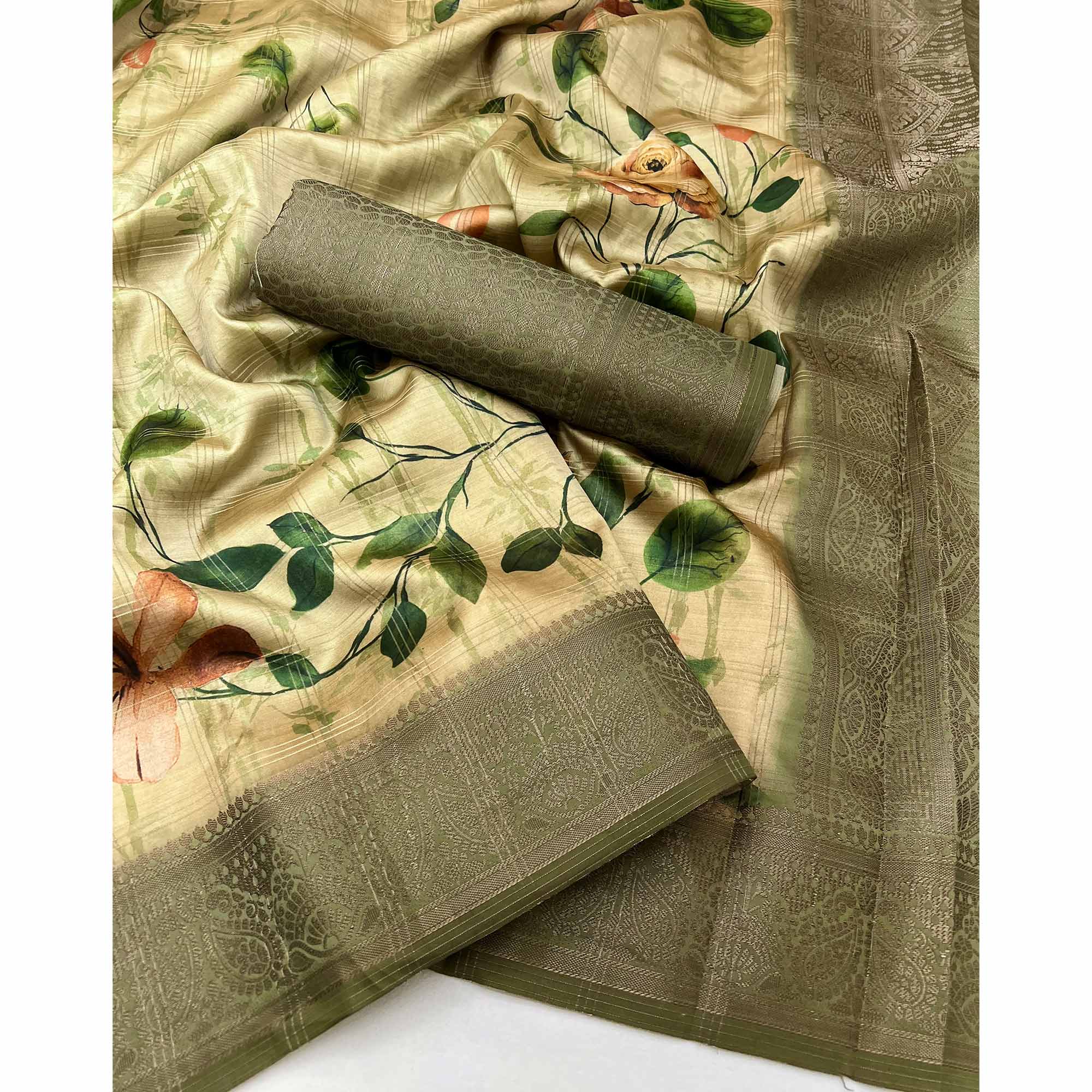 Stylish Cotton Silk Saree in Beige & Olive with Digital Printed and Weaving Border