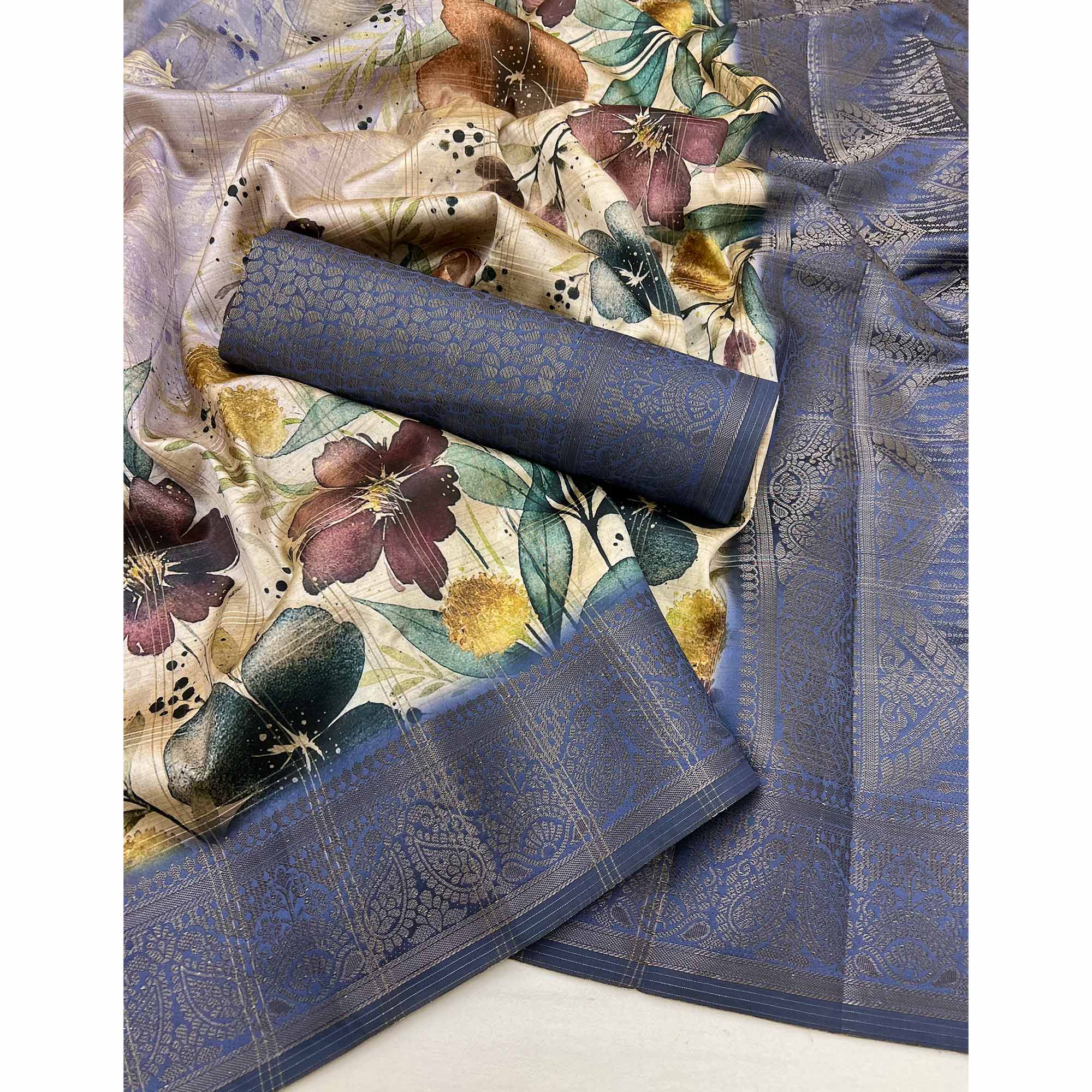 Stylish Cotton Silk Saree in Lavender with Digital Printed and Weaving Border