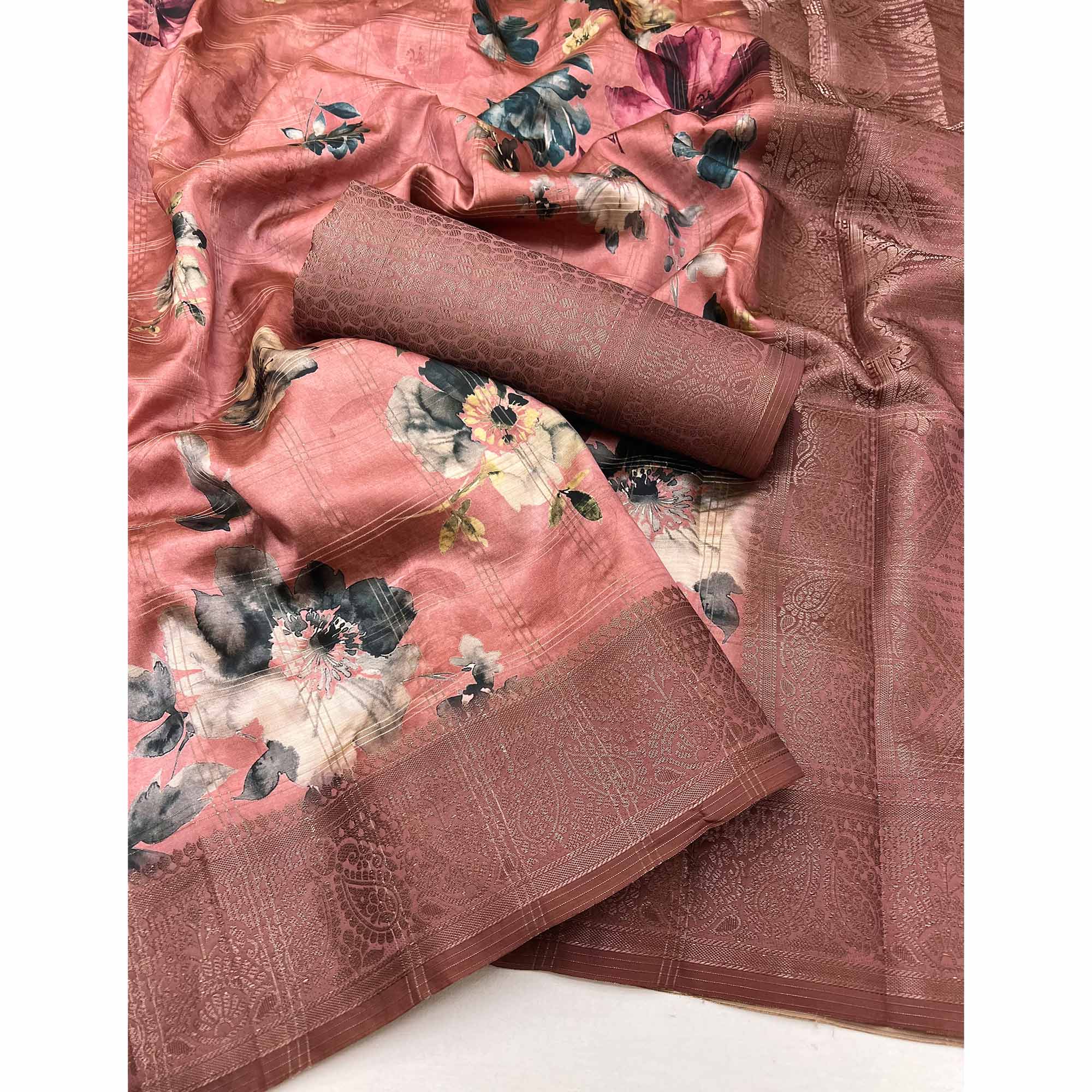 Stylish Cotton Silk Saree in Peach with Digital Printed and Weaving Border