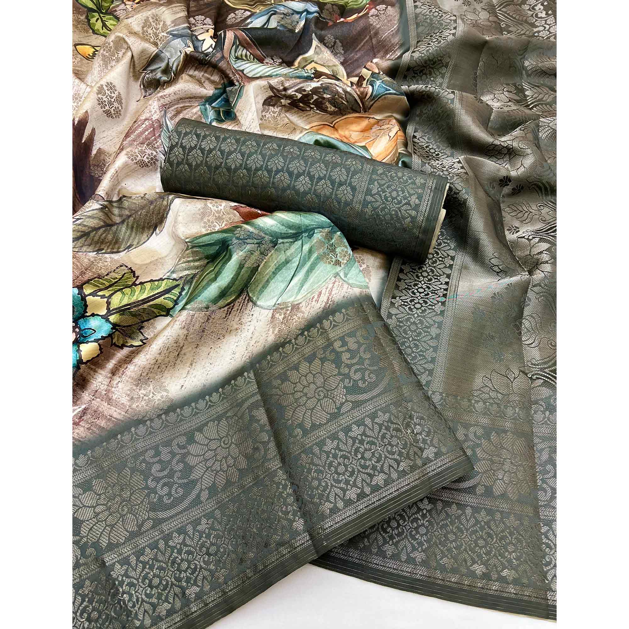 Stylish Cotton Silk Saree in Green with Digital Printed and Weaving Border