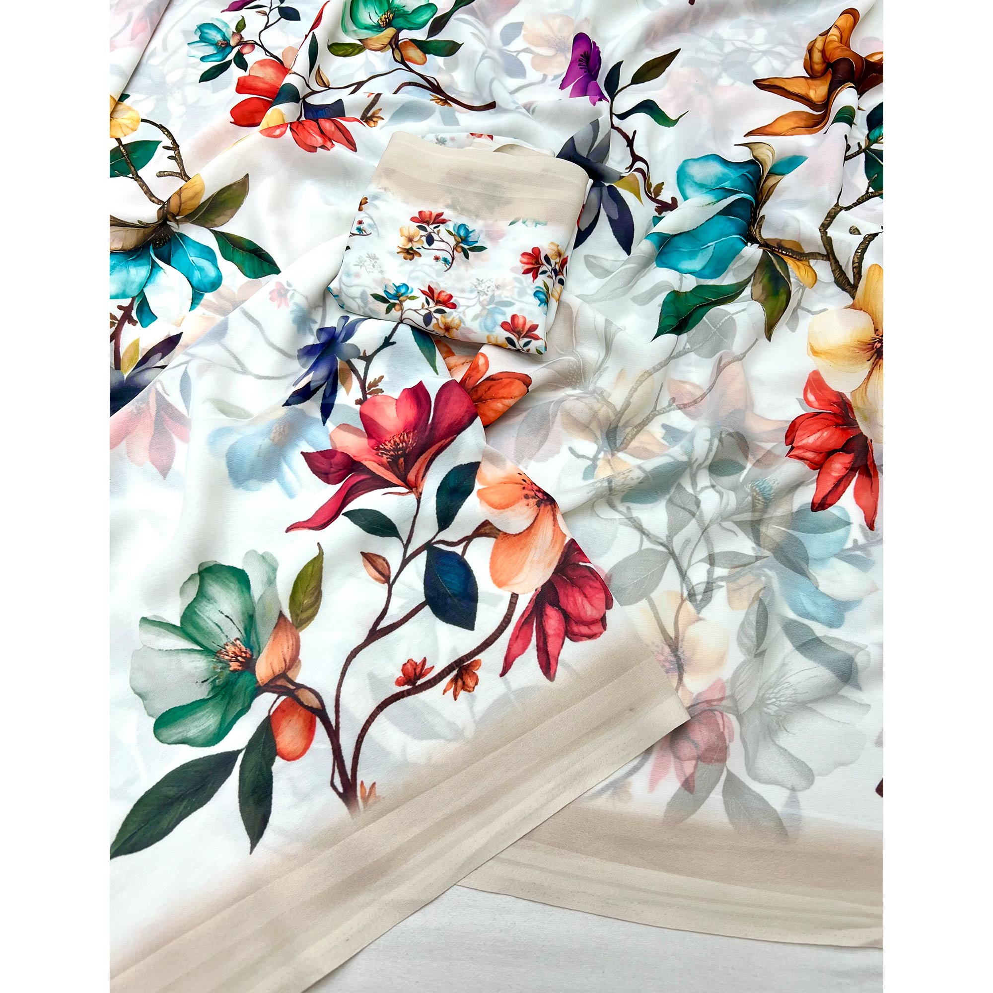White Floral Printed Saree in Flowing Georgette Fabric