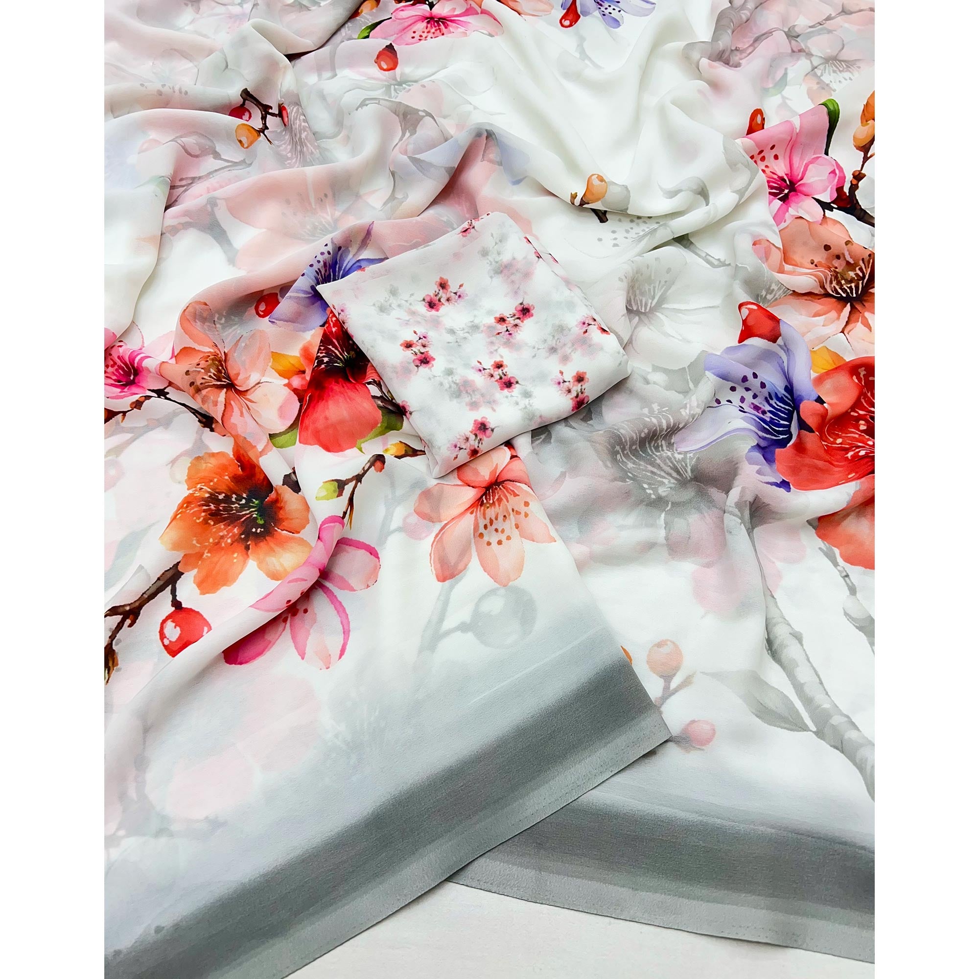 White Floral Printed Saree in Flowing Georgette Fabric