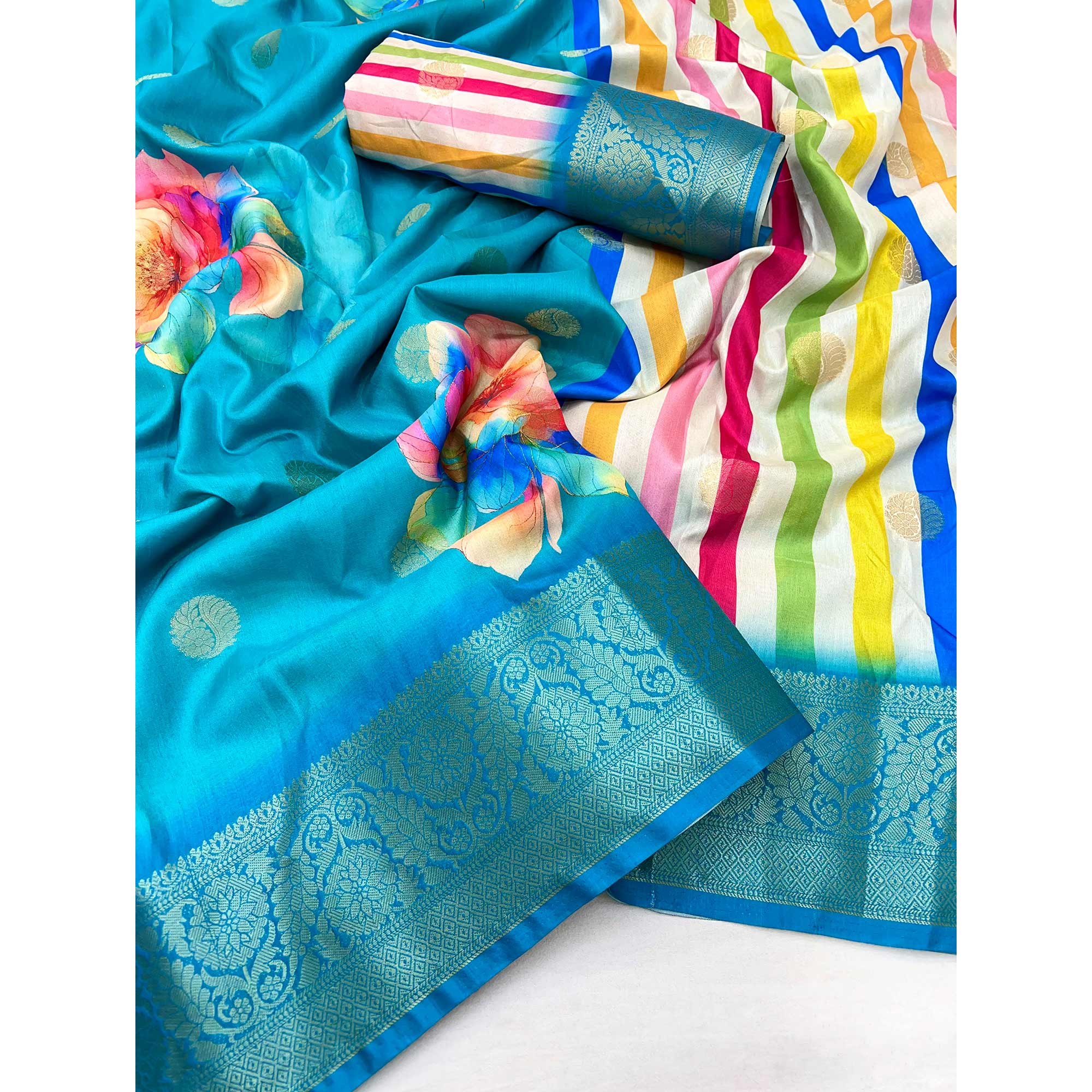 Teal Floral Patterned Smooth Dola Silken Drape Featuring Zari Border