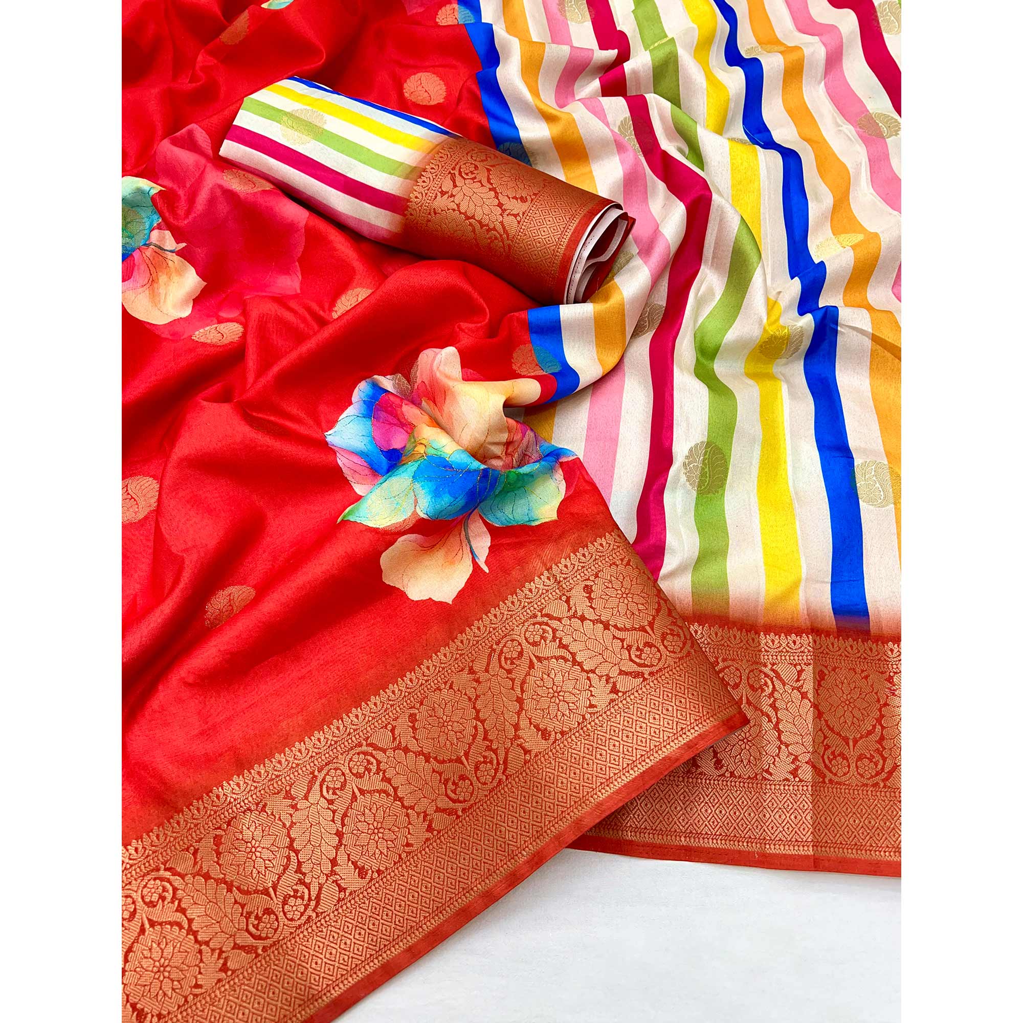 Red Floral Patterned Smooth Dola Silken Drape Featuring Zari Border