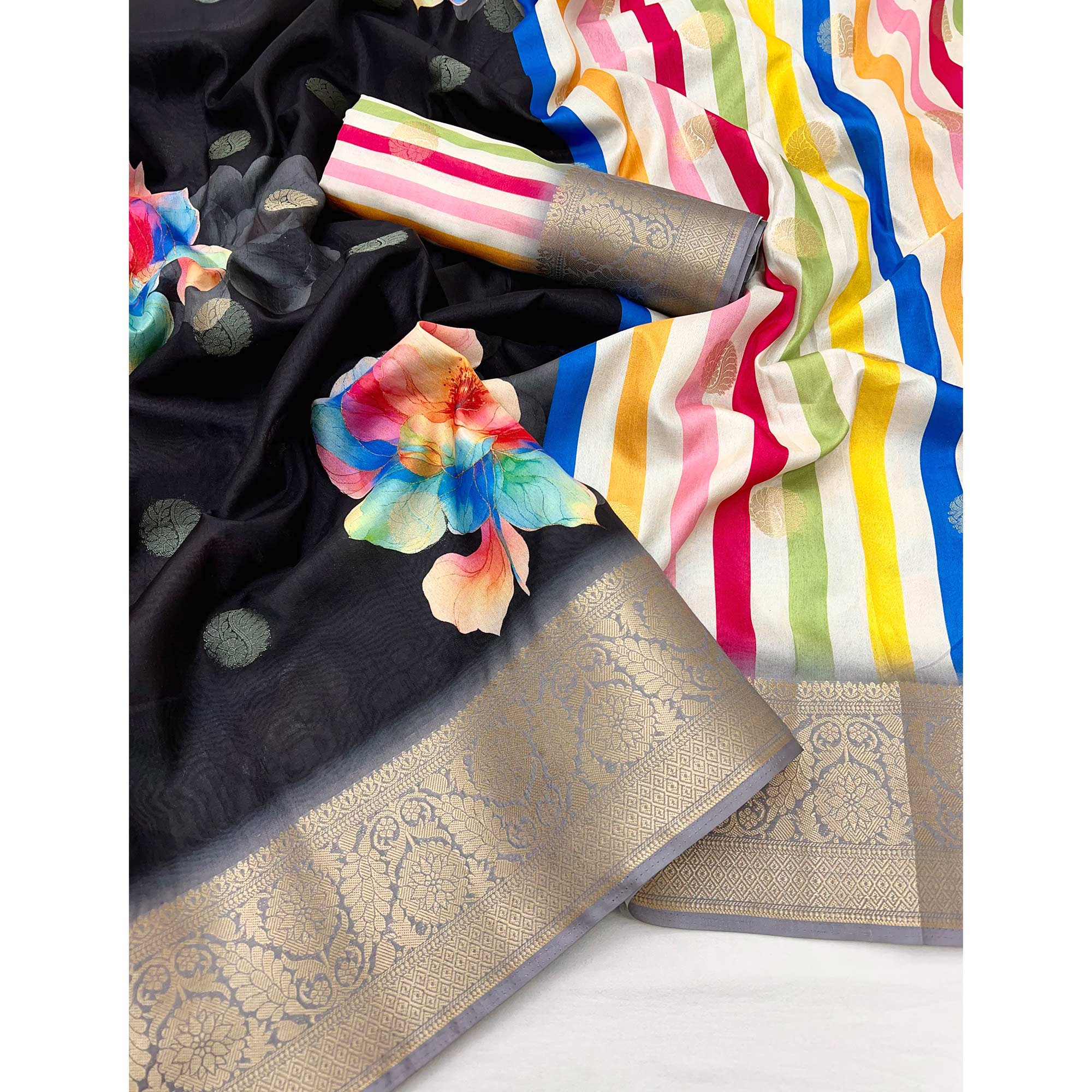 Black Floral Patterned Smooth Dola Silken Drape Featuring Zari Border