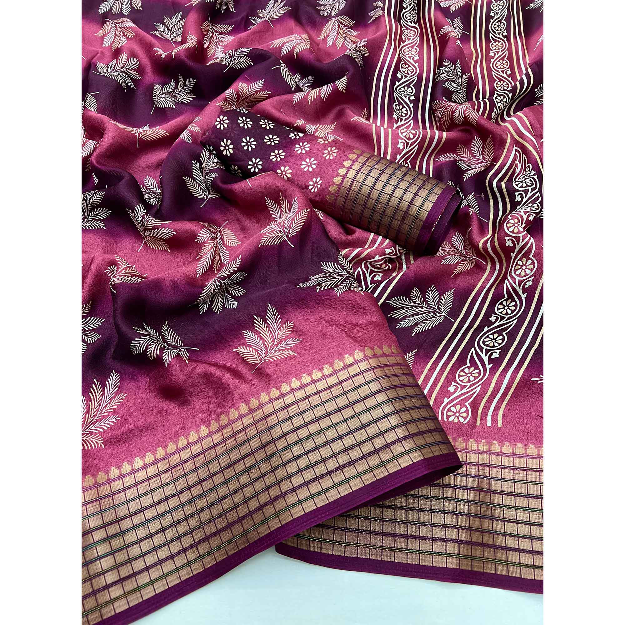 Wine Floral Printed Georgette Saree Featuring Weaving Border Design