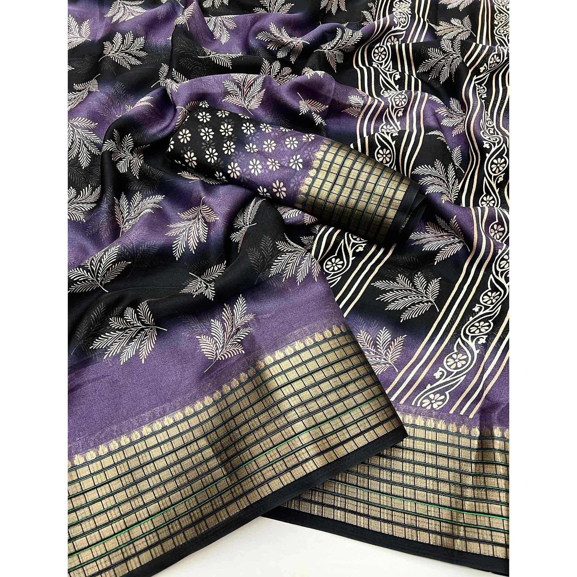Purple Floral Printed Georgette Saree Featuring Weaving Border Design