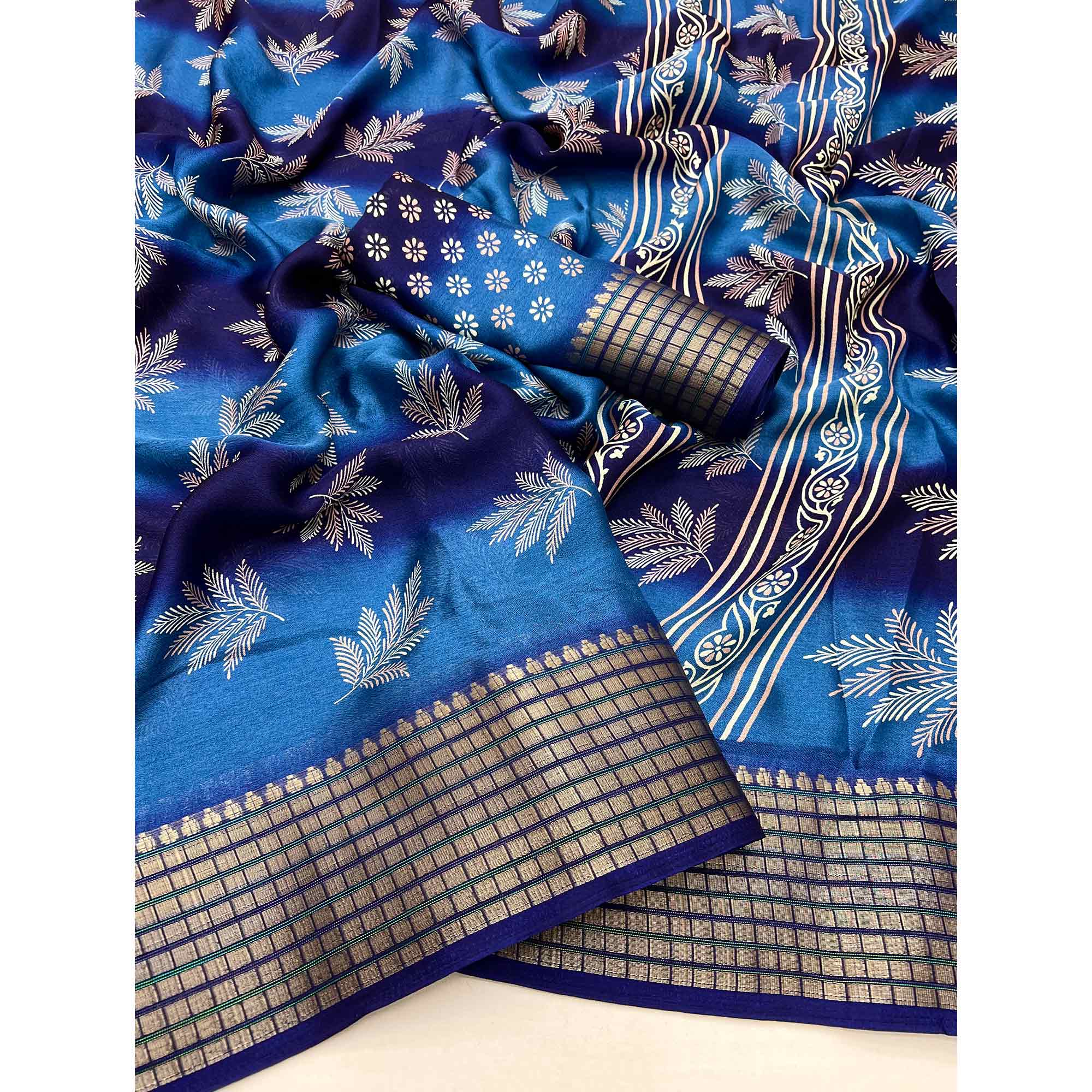Blue Floral Printed Georgette Saree Featuring Weaving Border Design