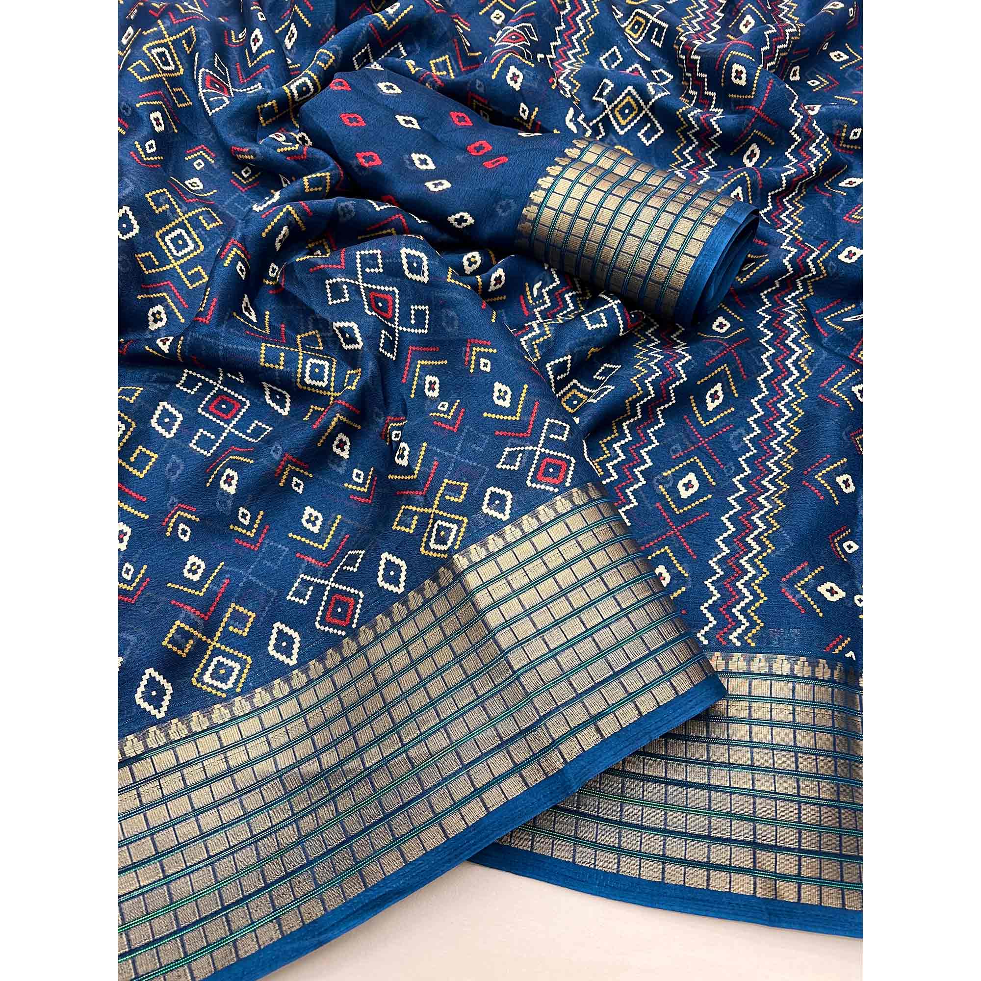 Blue Geometric Patterned Georgette Drape Featuring Zari Border
