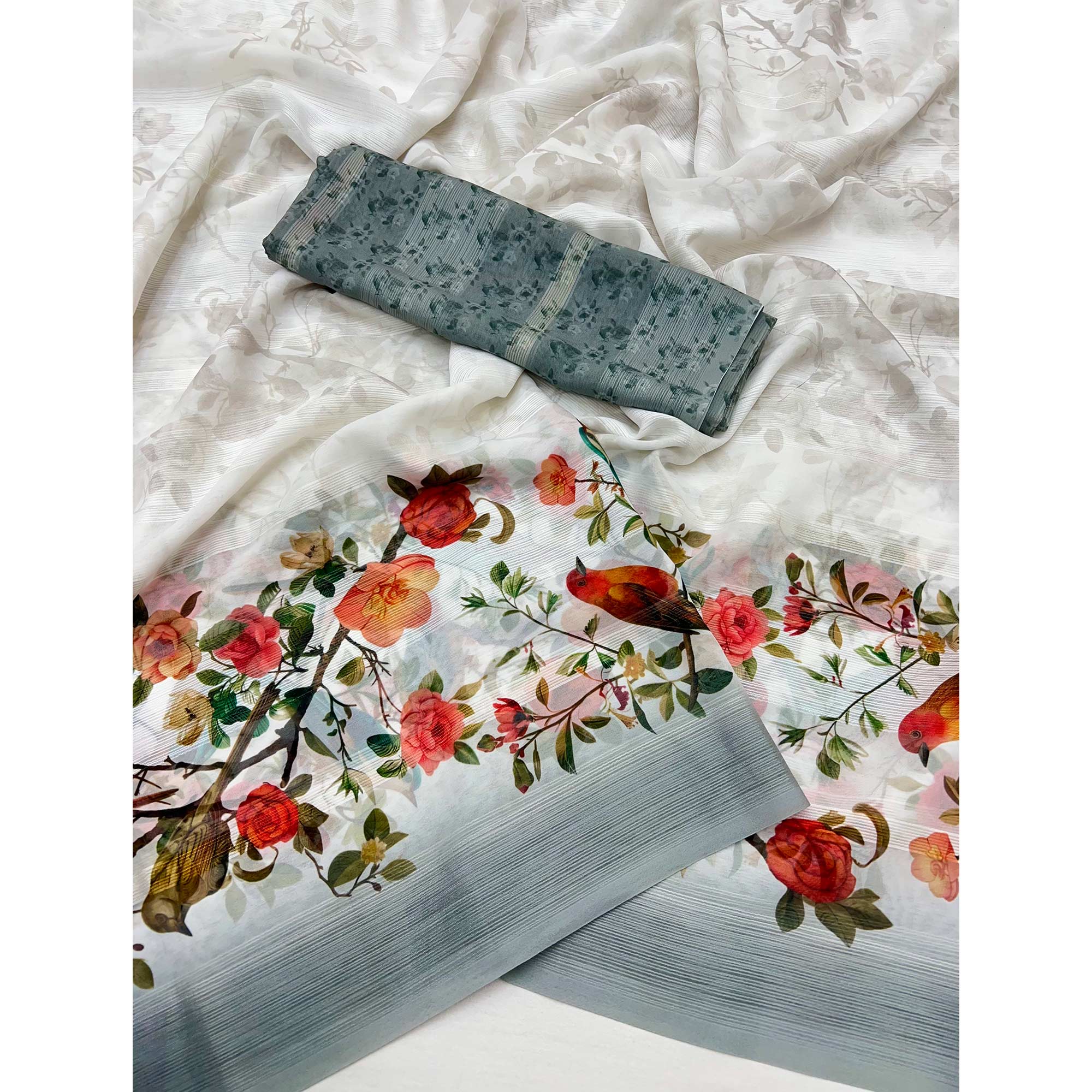 White Digital Floral Adorned with Artistic Prints Georgette Elegant Drape