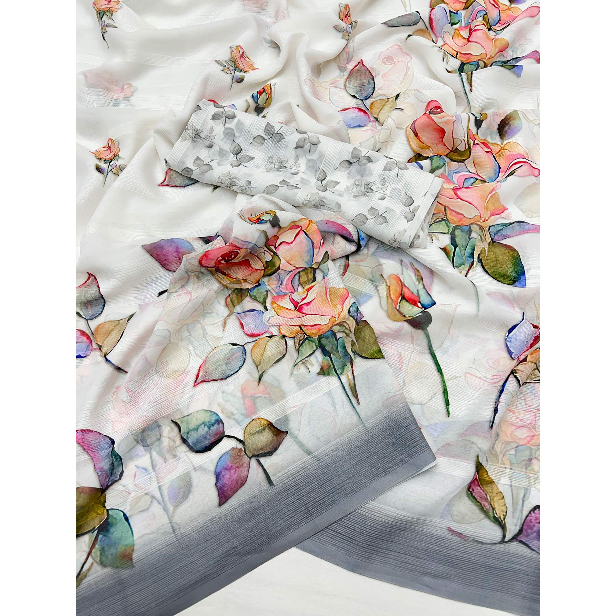 White Digital Floral Adorned with Artistic Prints Georgette Elegant Drape