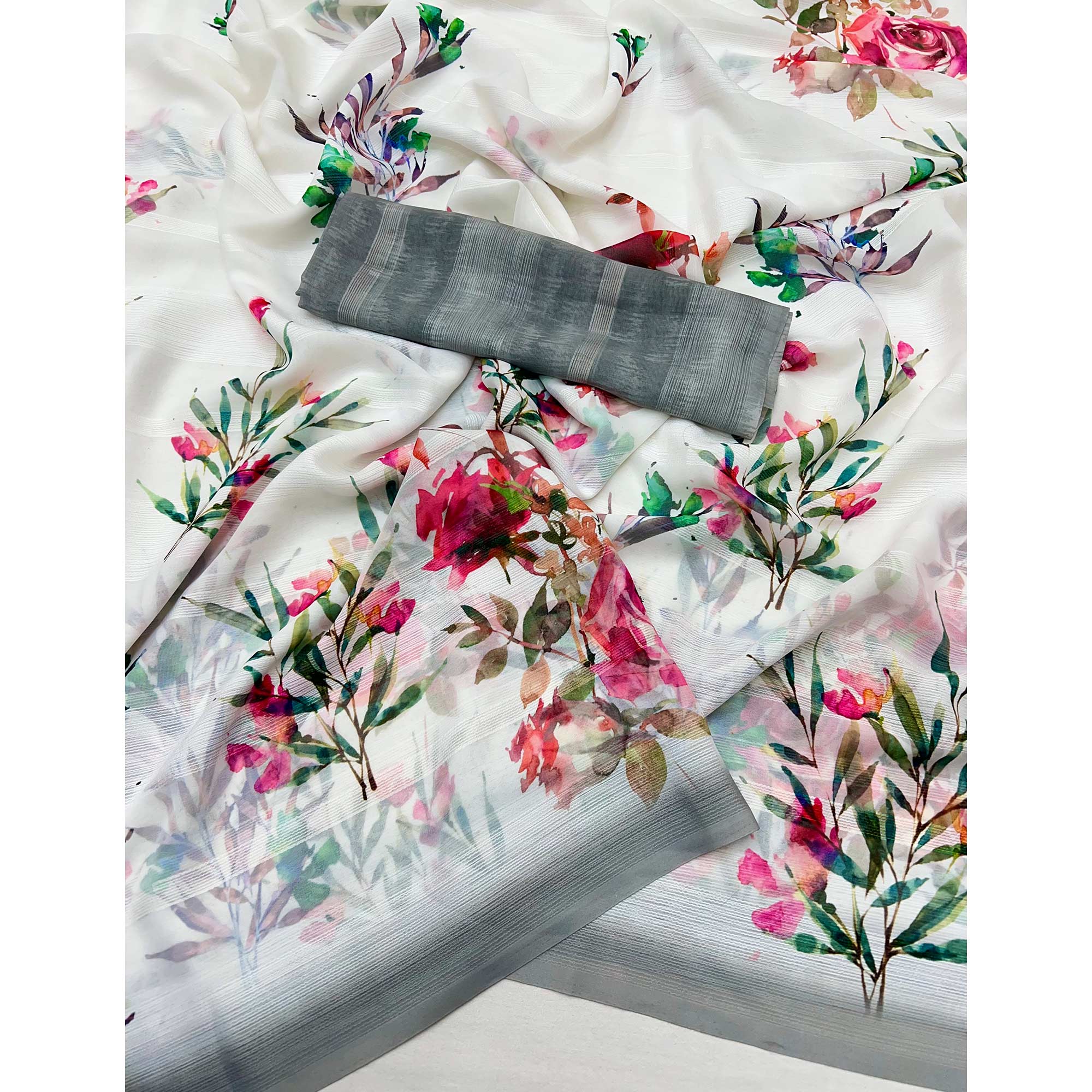 White Digital Floral Adorned with Artistic Prints Georgette Elegant Drape