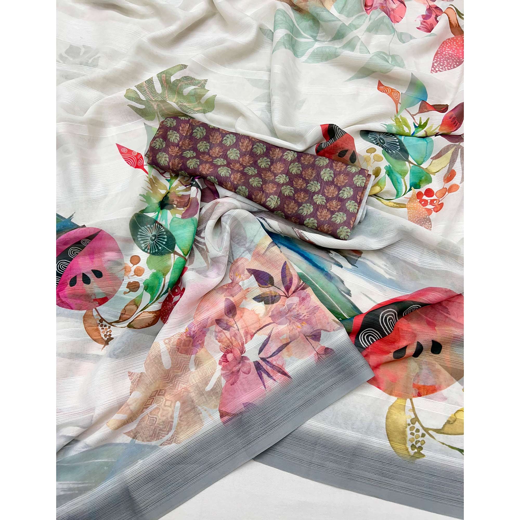 White Digital Floral Adorned with Artistic Prints Georgette Elegant Drape