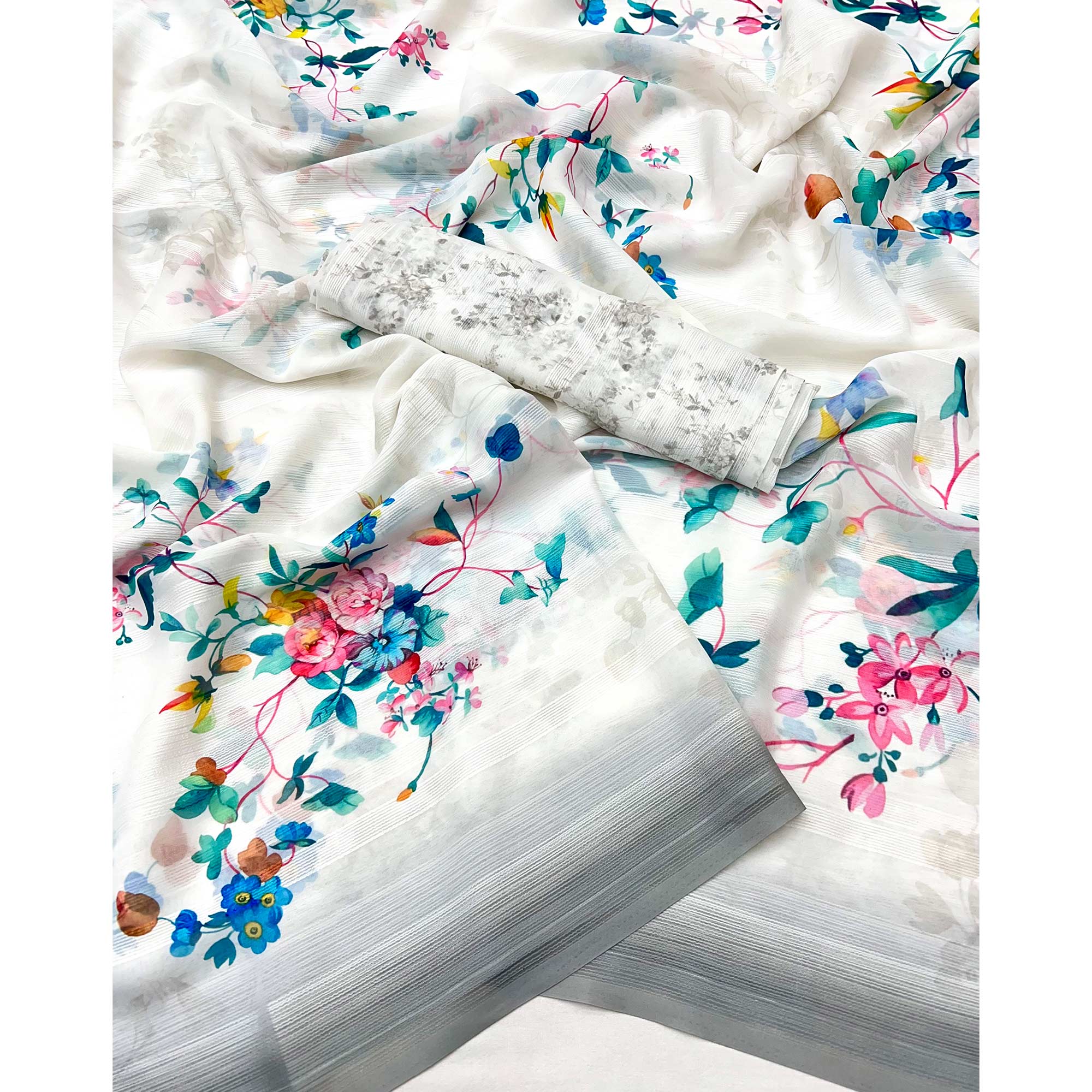 White Digital Floral Adorned with Artistic Prints Georgette Elegant Drape