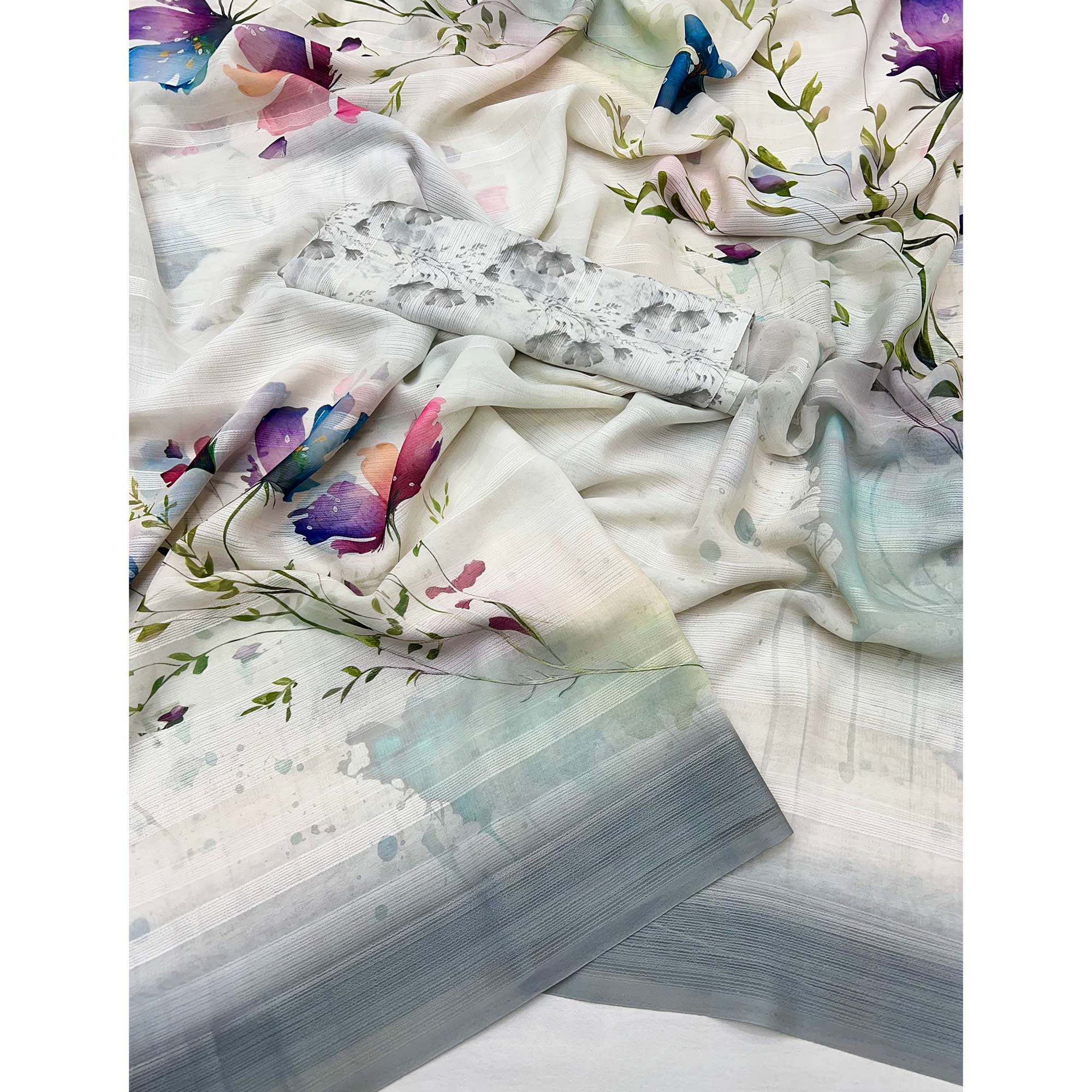 White Digital Floral Adorned with Artistic Prints Georgette Elegant Drape