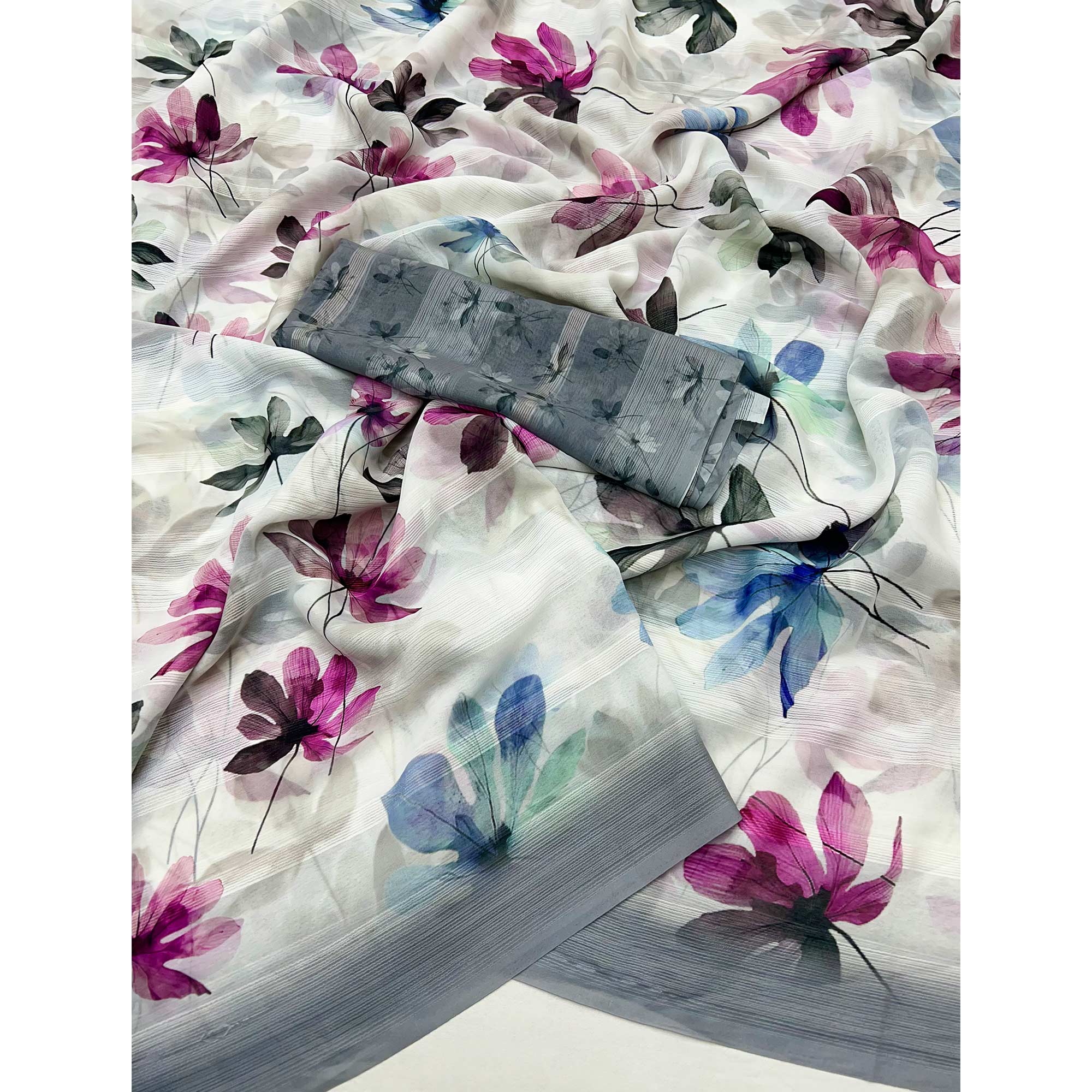 White Digital Floral Adorned with Artistic Prints Georgette Elegant Drape