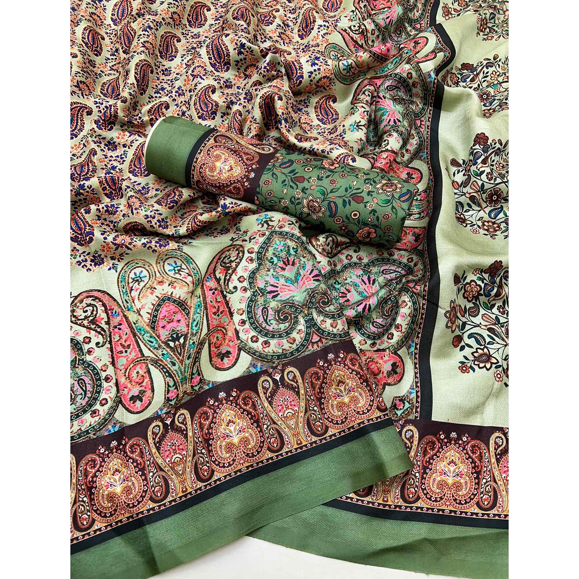 Pista Green Digital Floral Adorned with Artistic Prints Pashmina Elegant Drape
