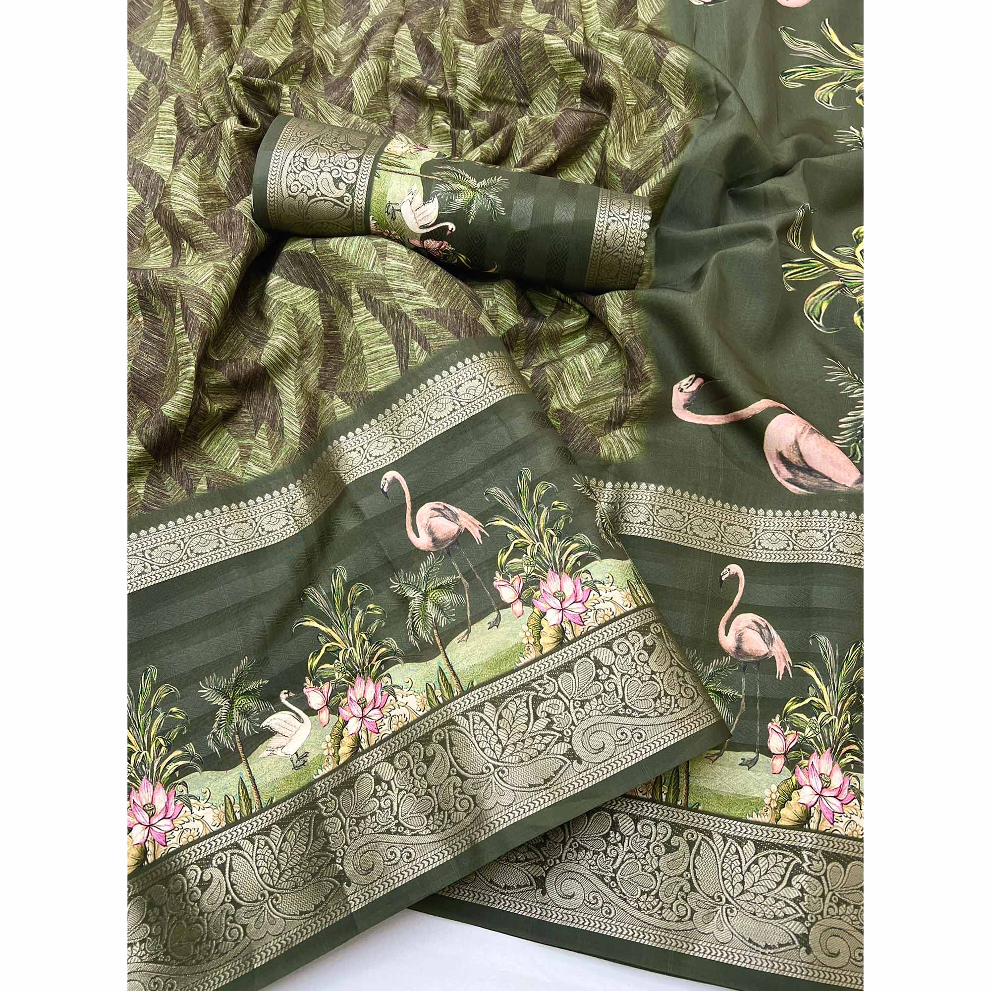 Green Digital Patterned Smooth Cotton Silken Drape Featuring Zari Border
