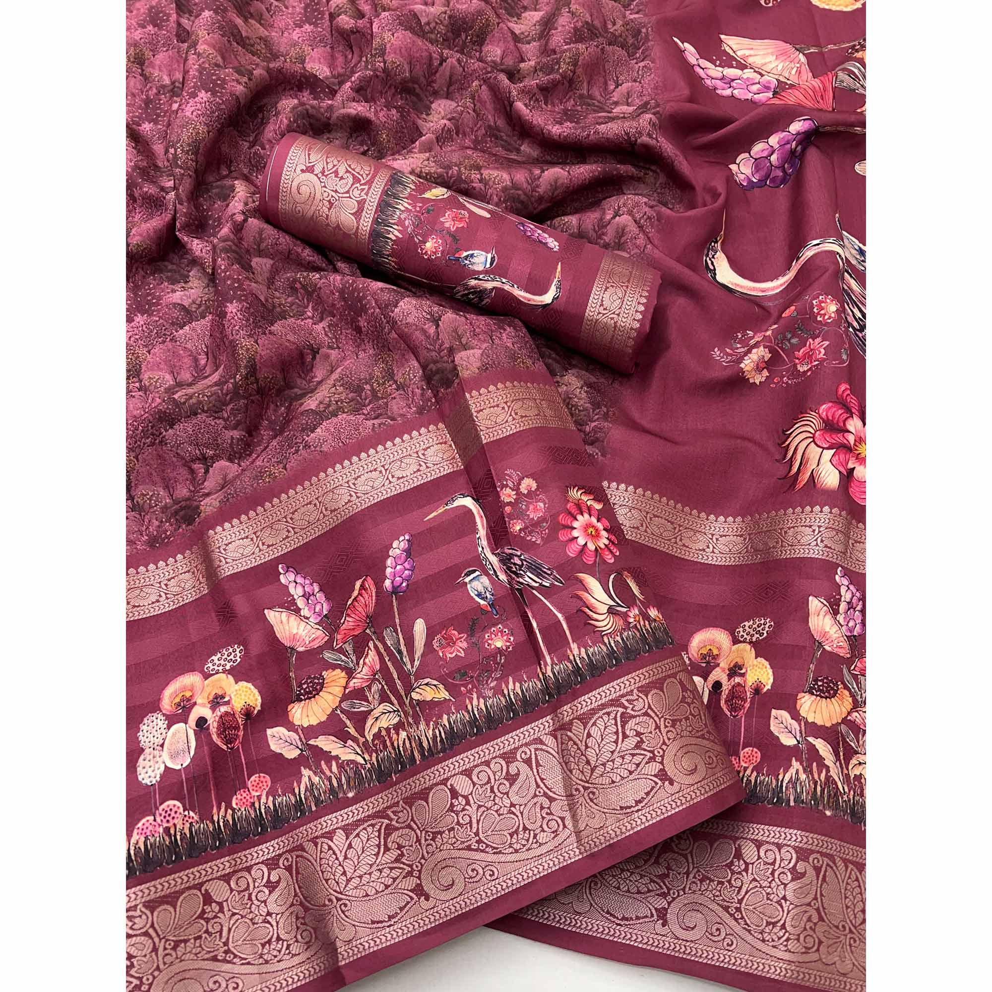 Maroon Digital Patterned Smooth Cotton Silken Drape Featuring Zari Border