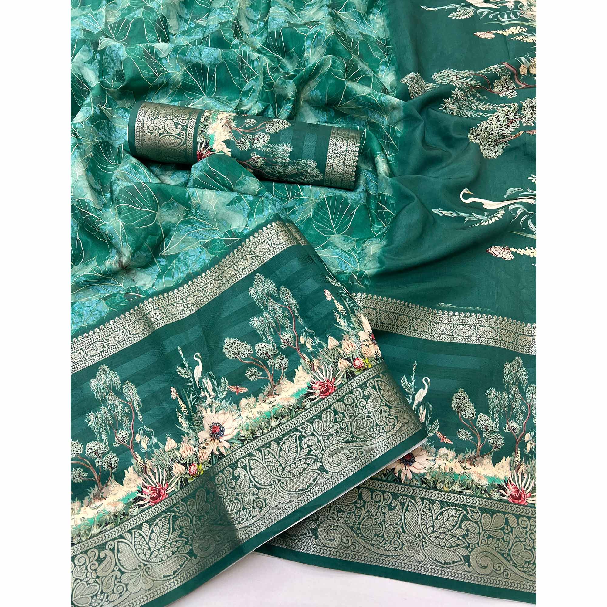 Teal Green Digital Patterned Smooth Cotton Silken Drape Featuring Zari Border