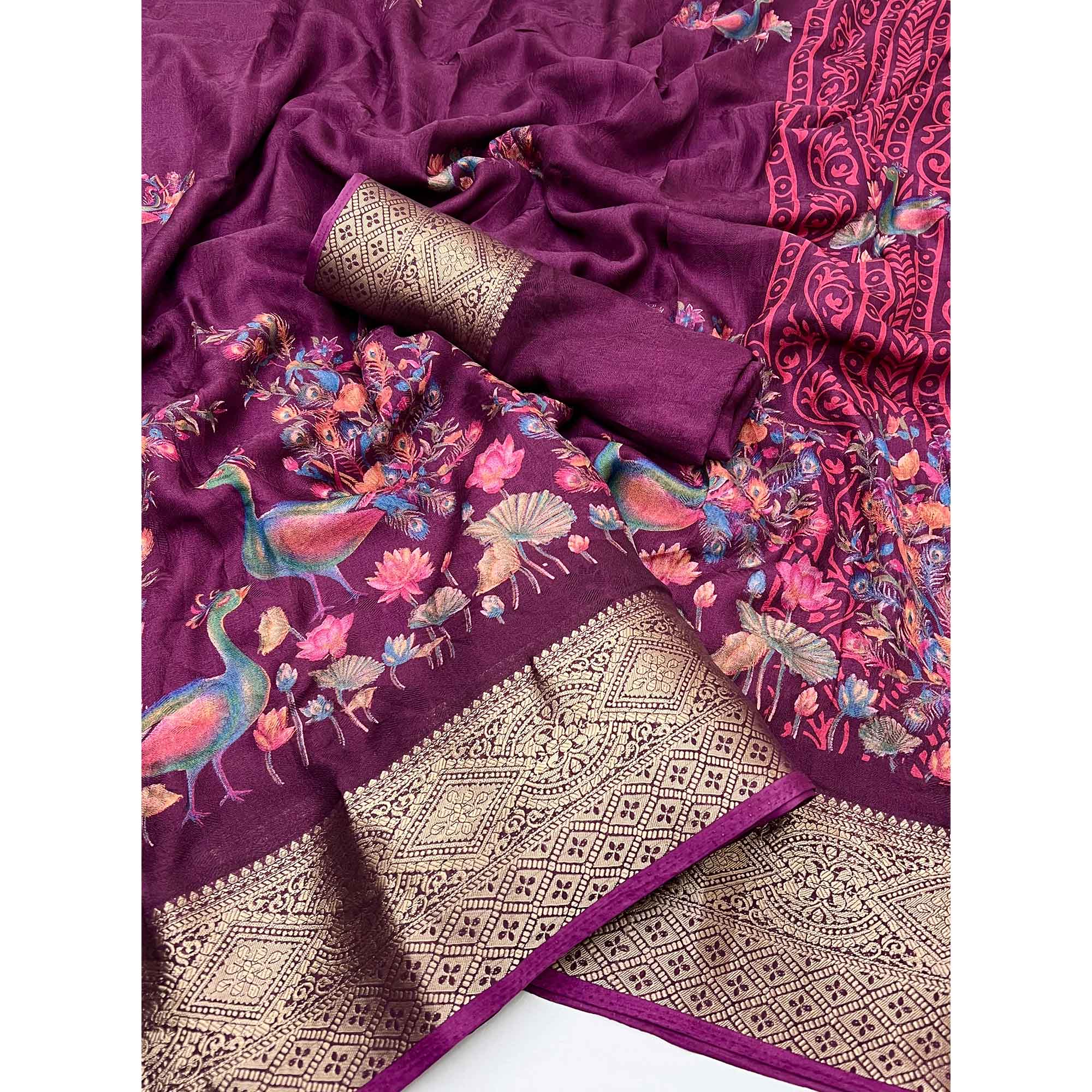 Plum Purple Peacock Patterned Smooth Georgette Drape Featuring Zari Border