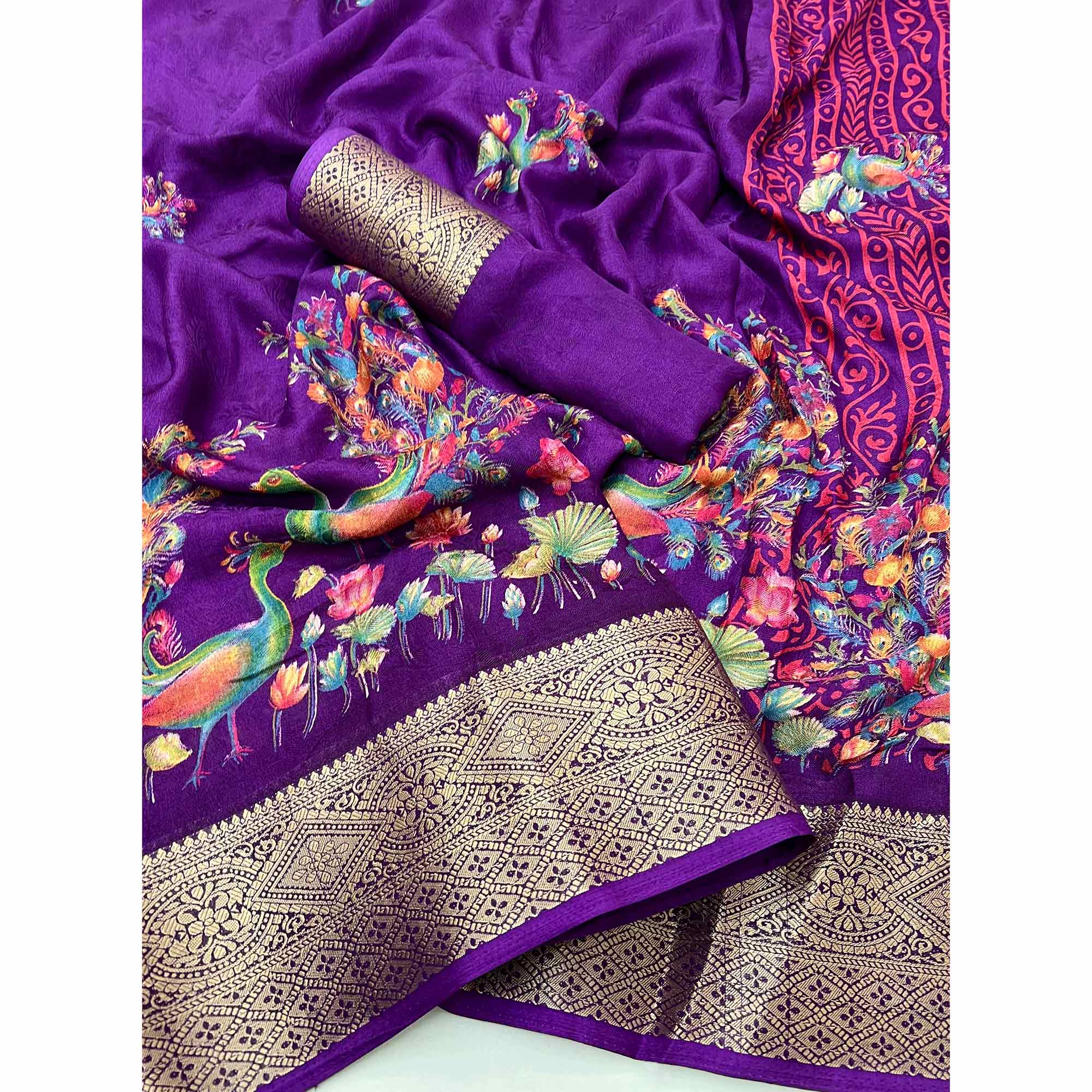 Violet Peacock Patterned Smooth Georgette Drape Featuring Zari Border