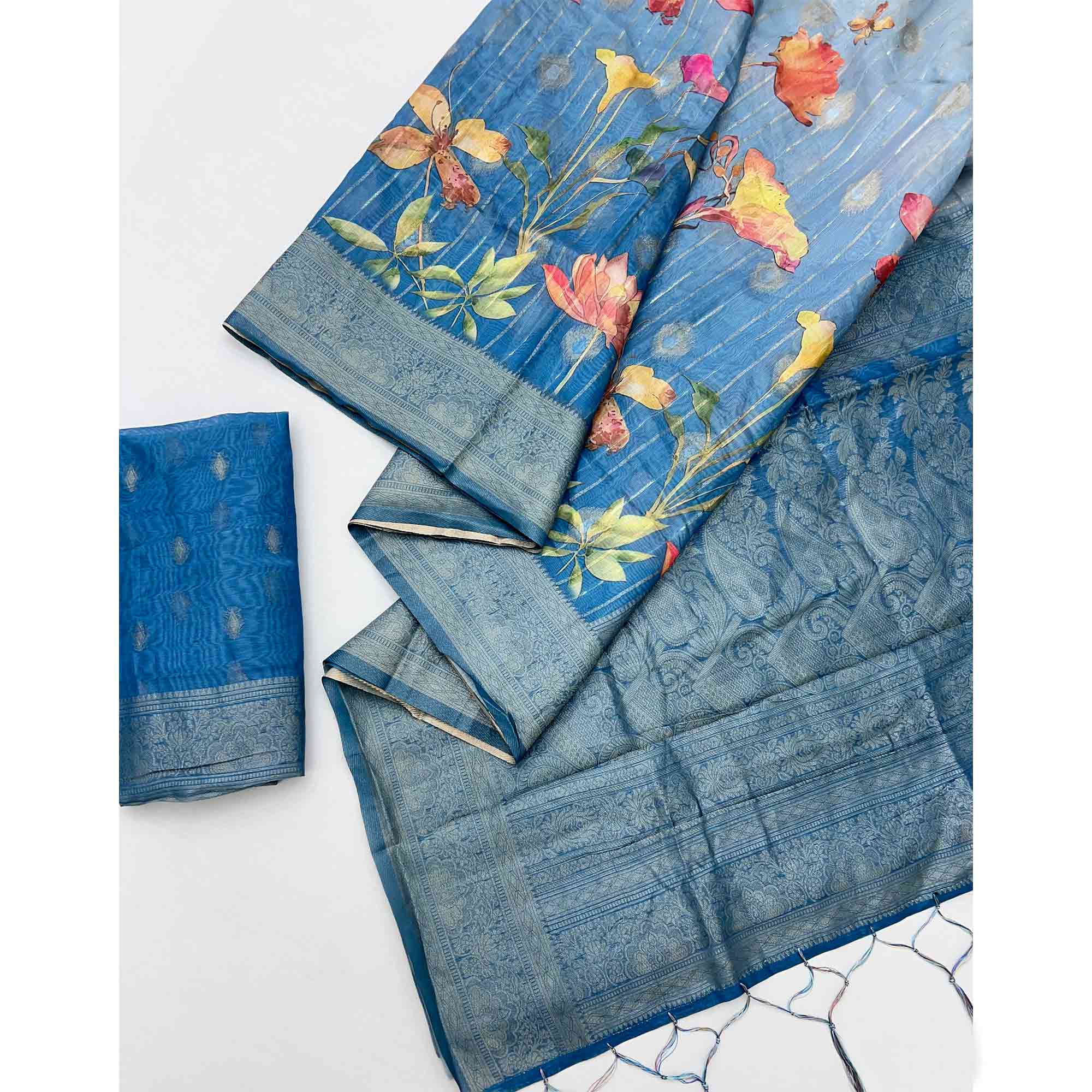 Classic Blue Floral Weaving & Digital Print Silk Blend Saree Accented With Tassel Pallu