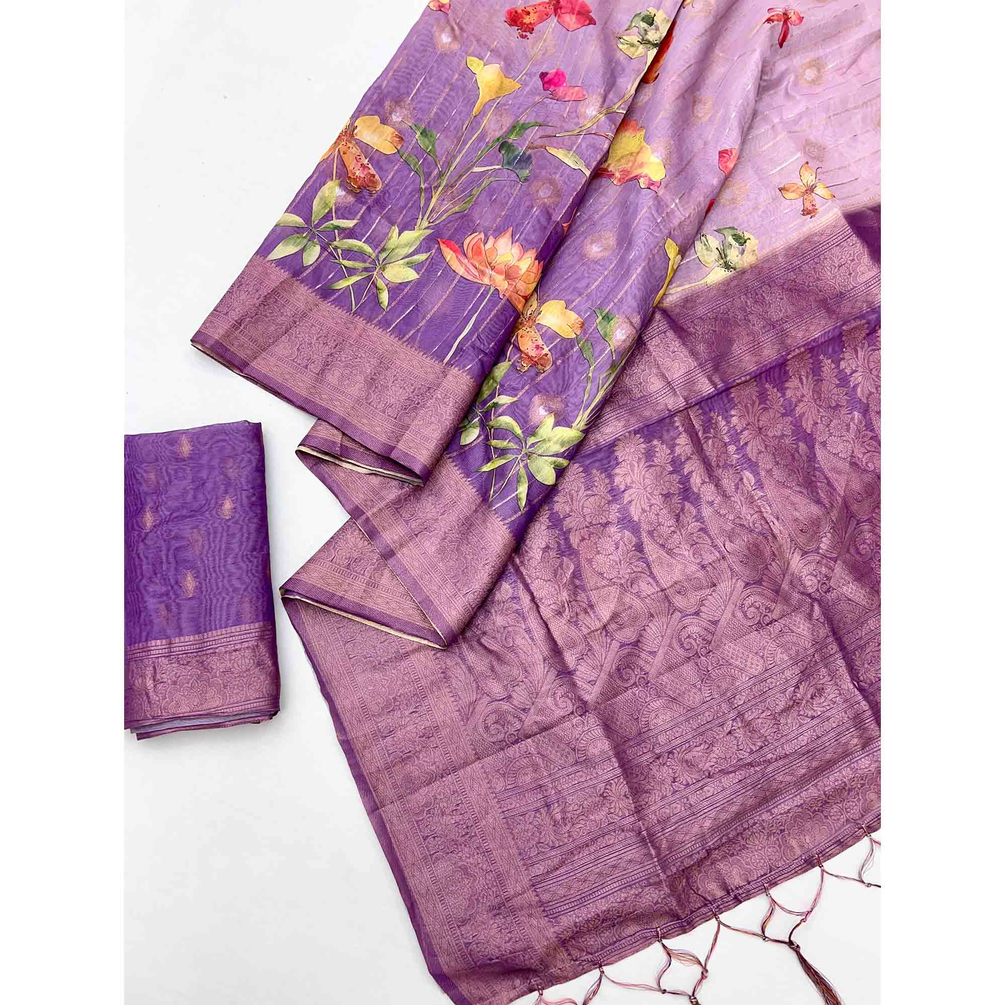 Classic Purple Floral Weaving & Digital Print Silk Blend Saree Accented With Tassel Pallu