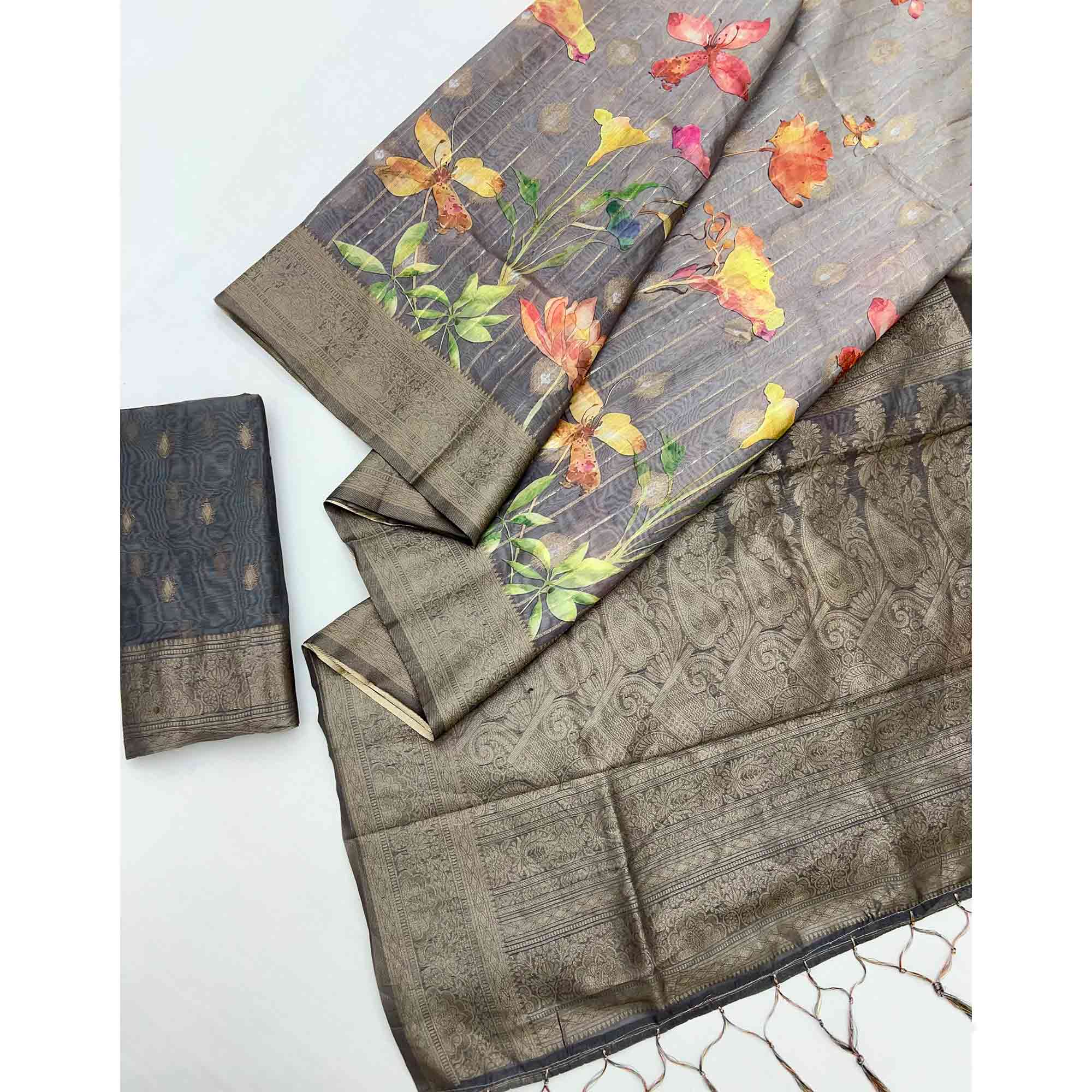 Classic Grey Floral Weaving & Digital Print Silk Blend Saree Accented With Tassel Pallu