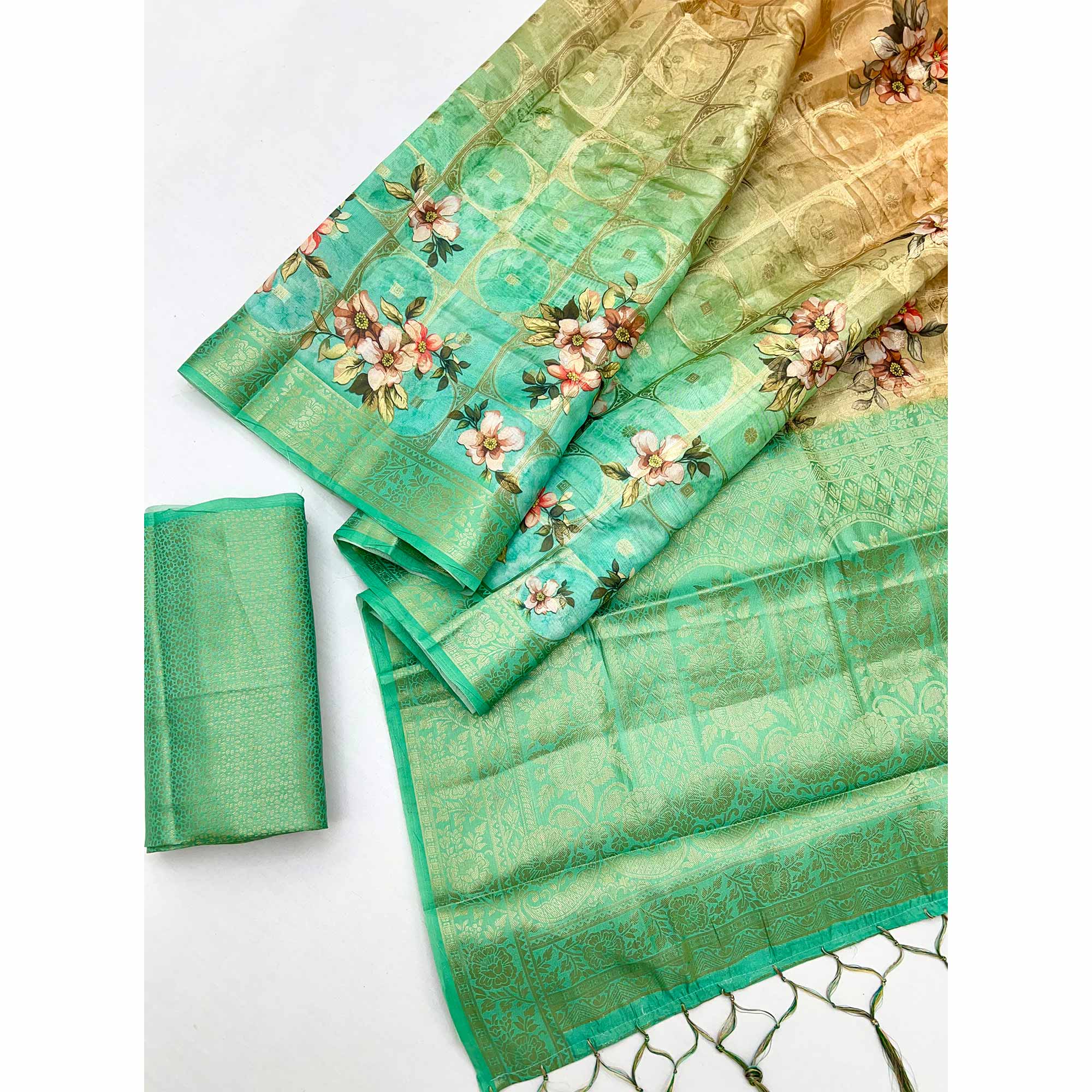 Charming Turquoise & Cream Floral Zari Weaving Silk Blend Saree With Digital Printed