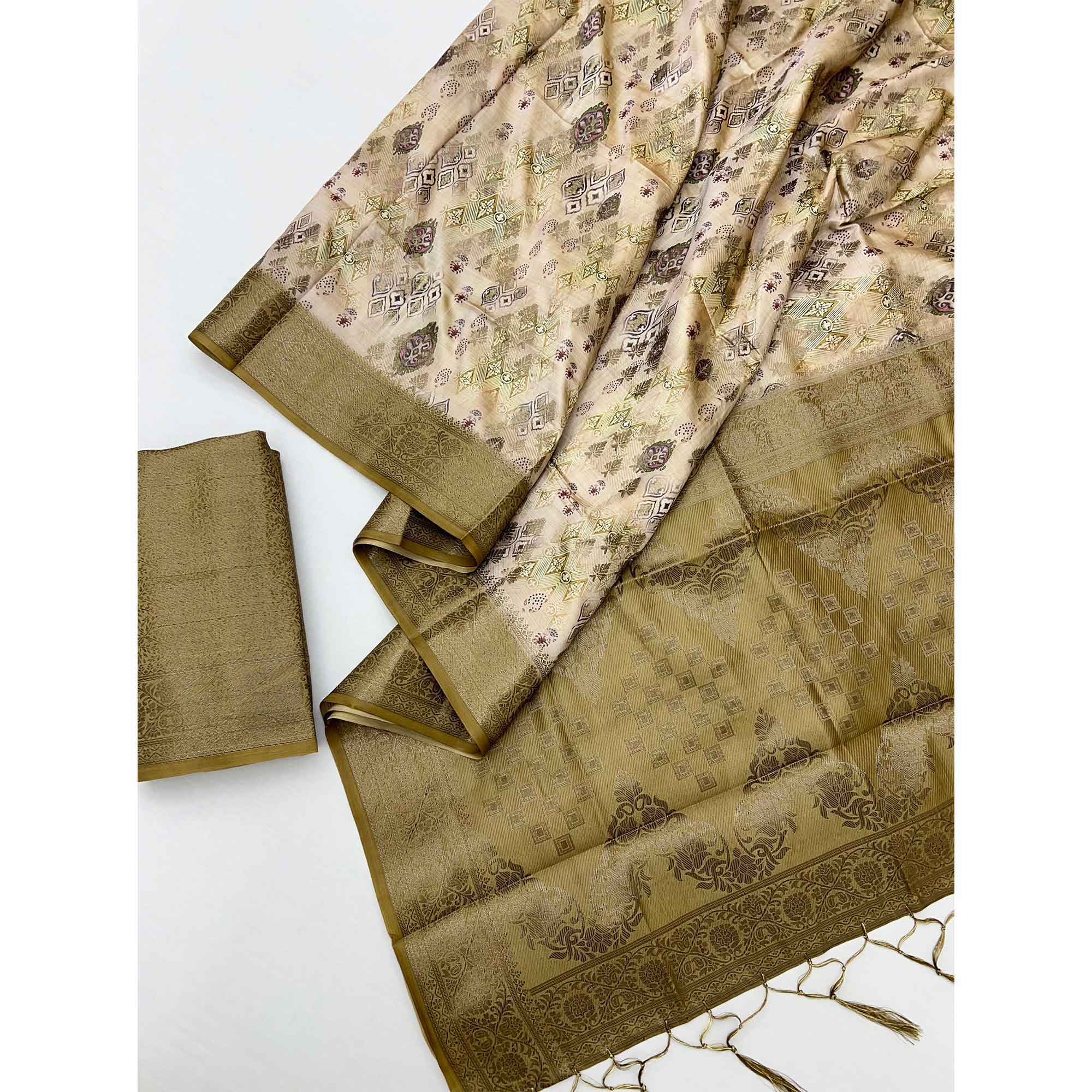 Stylish Olive Green Silk Blend Saree Featuring Floral Zari Weaving & Digital Print