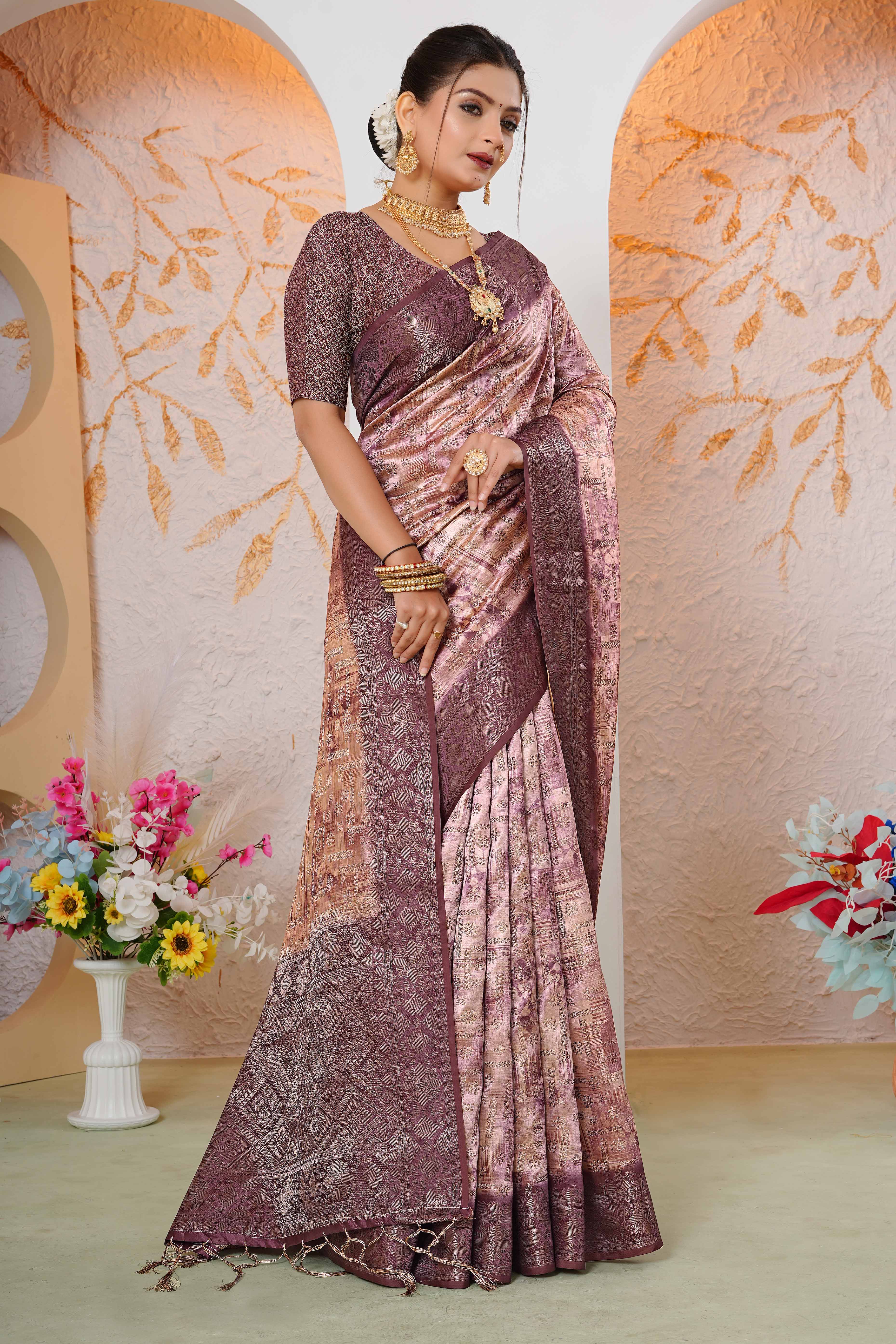 Premium Peach Woven & Digitally Printed Silk Saree with Stylish Tassel Pallu