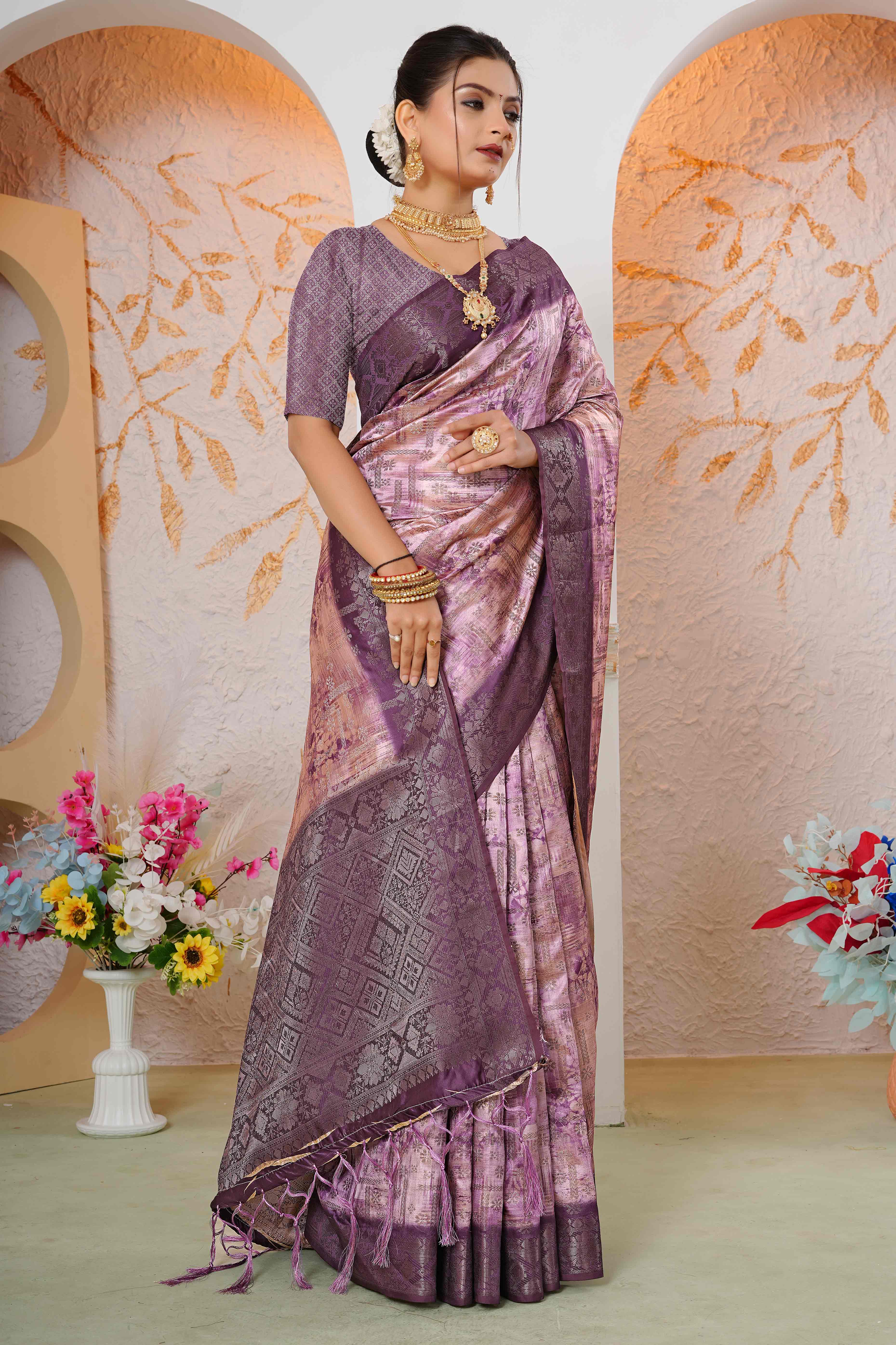 Premium Wine Woven & Digitally Printed Silk Saree with Stylish Tassel Pallu