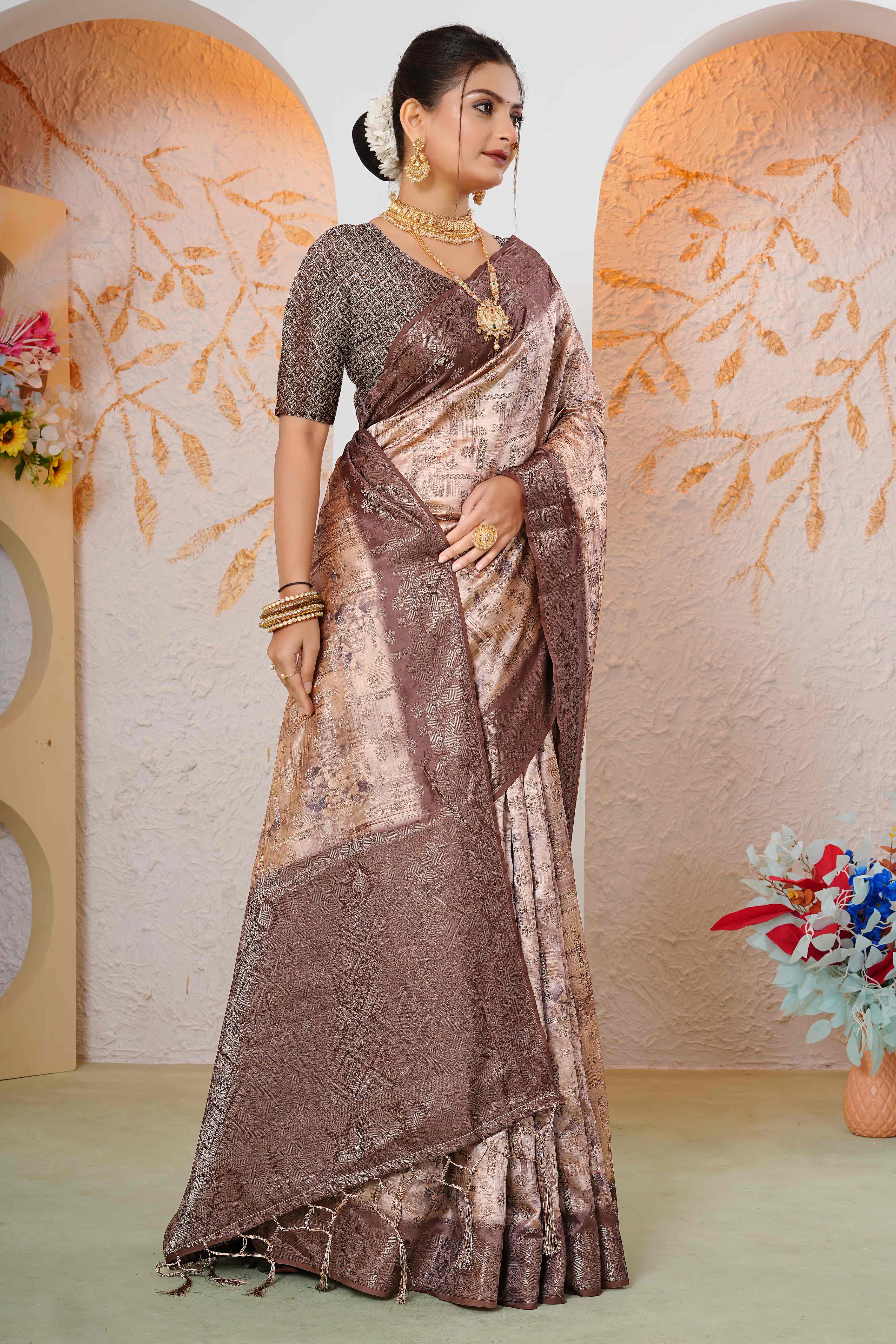 Premium Brown Woven & Digitally Printed Silk Saree with Stylish Tassel Pallu