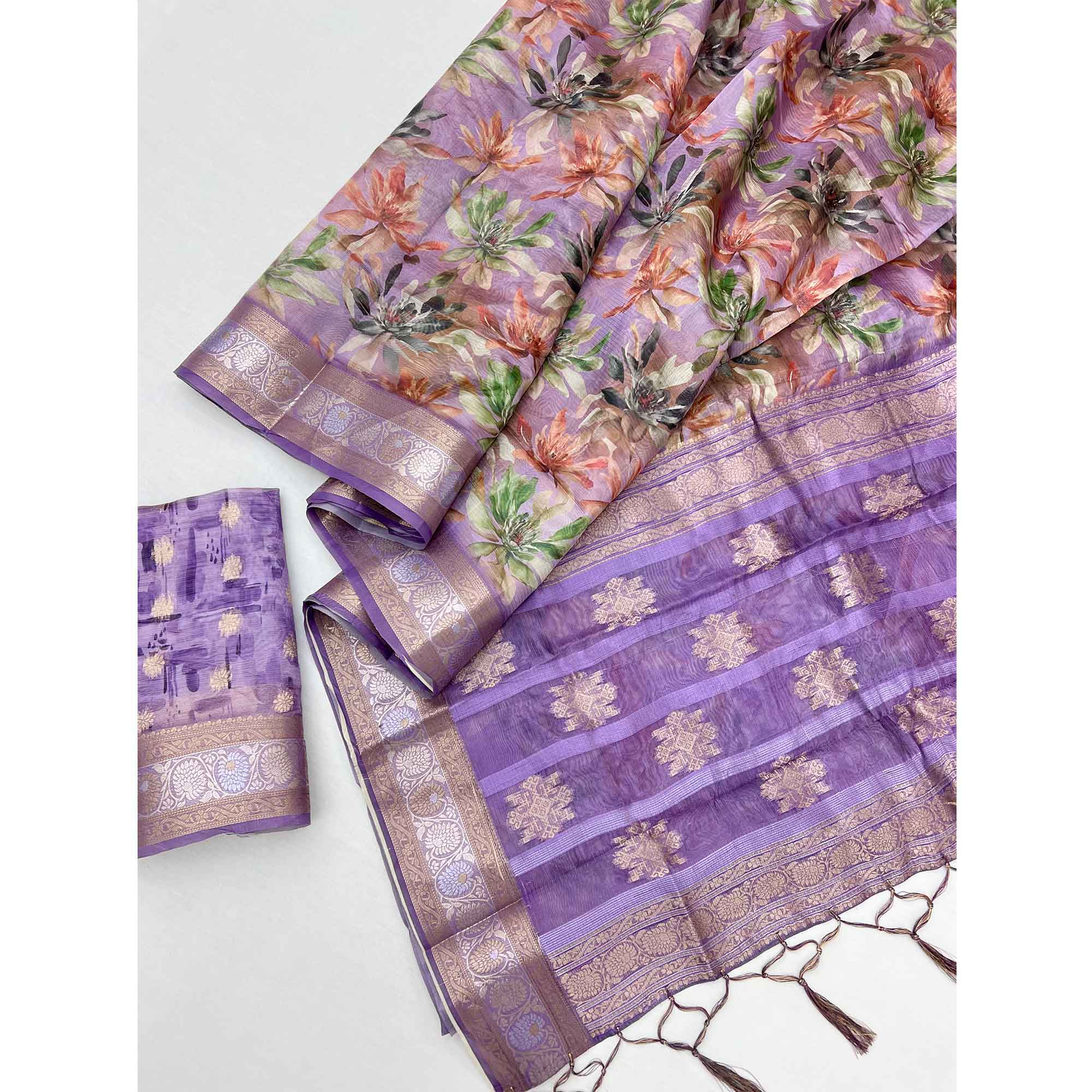 Graceful Lavender Floral Zari Woven Silk Blend Saree With Digital Prints