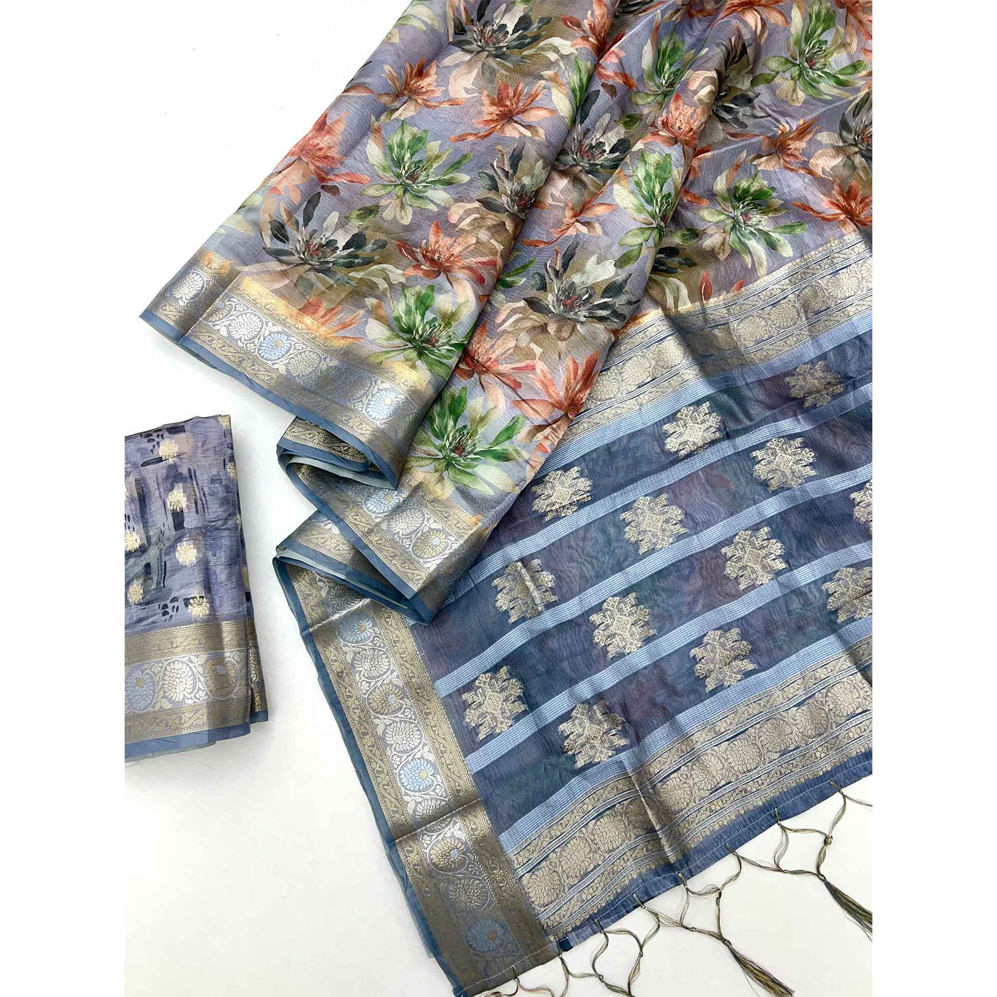 Graceful Greyish Blue Floral Zari Woven Silk Blend Saree With Digital Prints