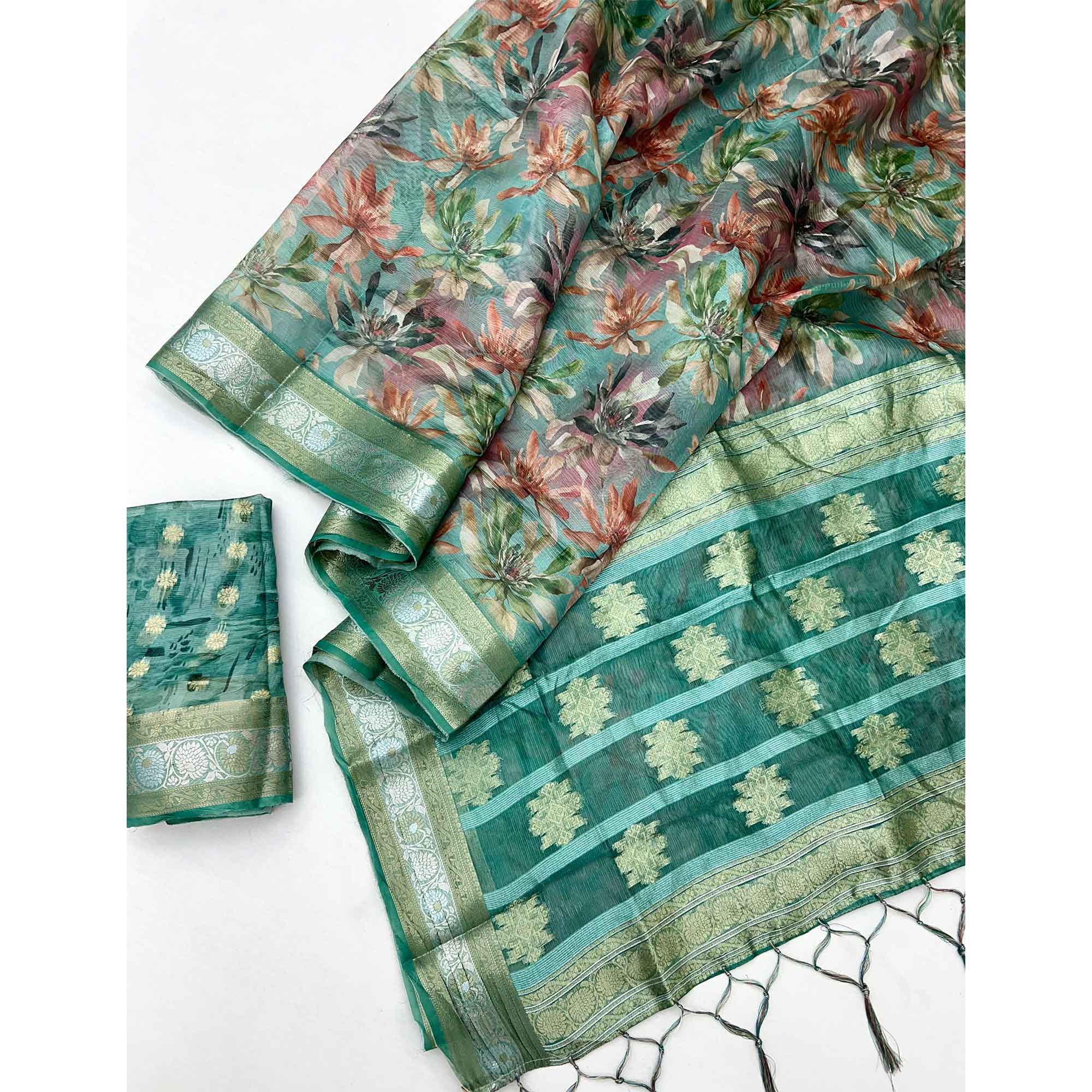 Graceful Rama Green Floral Zari Woven Silk Blend Saree With Digital Prints