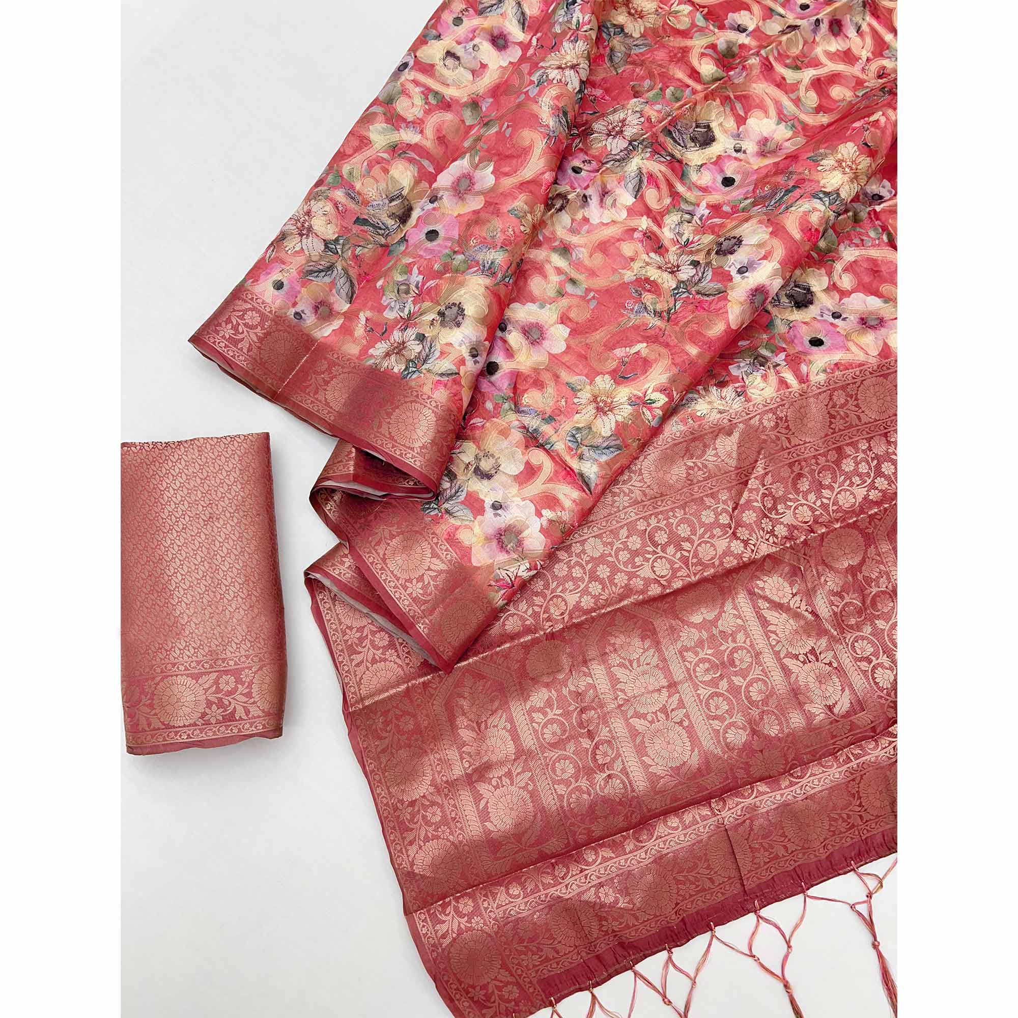 Stylish Gajari Pink Floral Woven & Digital Printed Silk Blend Saree With Tassel Pallu